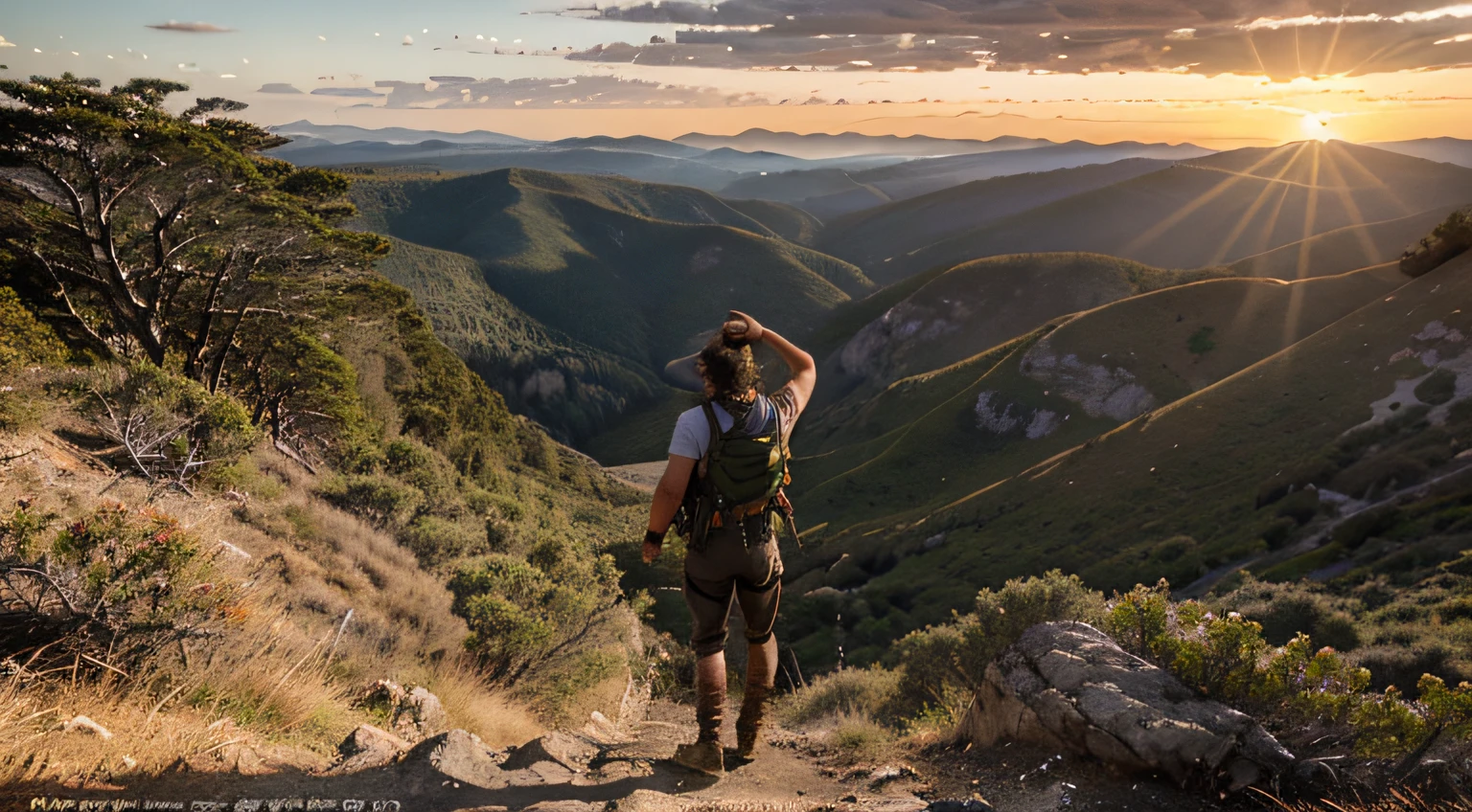 Draw a majestic scene of a lone figure from behind, Contra o pano de fundo de uma alta montanha. The person is at the top of the mountain, with arms extended to the sides, Olhando para o horizonte, Where the sun sets in a spectacle of warm colors. The mountain is steep and challenging, covered in rocks and tough vegetation, Witness the person's arduous journey to the top. The gentle wind rocks your clothes, And the expression on his face is a mixture of exhaustion, Gratitude and Triumph. The scene conveys the idea of overcoming, conquista pessoal e a beleza da natureza, that reveals itself in the moment of victory