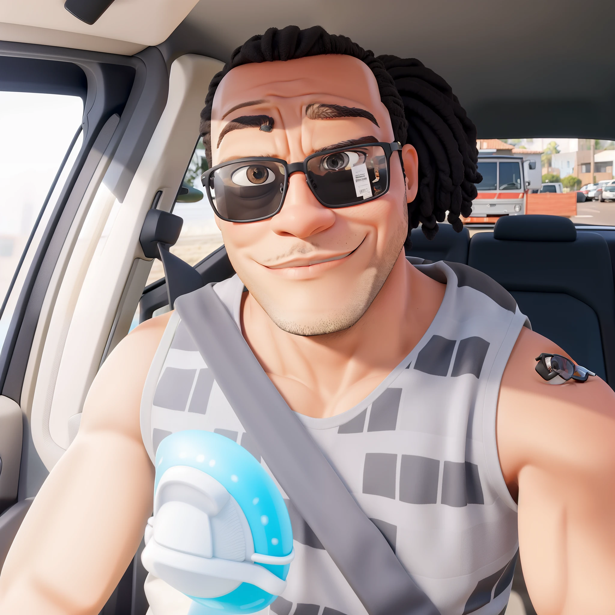 Obra-prima, de melhor qualidade, A strong black man with glasses inside the car