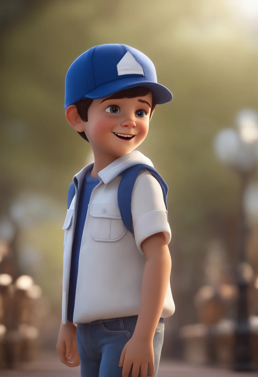 A happy cute boy standing short hair with dark blue cap , vestindo uma camisa azul , , fundo branco, barnet, Tom, Estilo Pixar, ......3d, desenhos animados, rosto detalhado, asymmetrical 16k