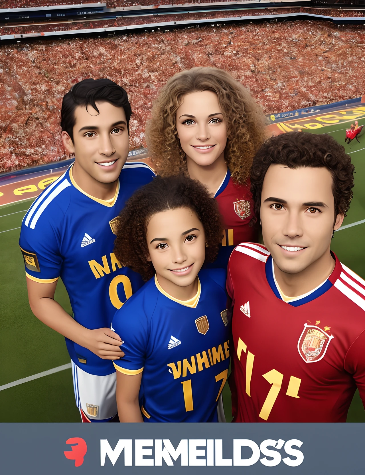 a Disney Pixar movie poster showing a white-skinned family. The father is the tallest, Has a medium beard, cabelos curtos,espinhosos e pretos. The mother has brown eyes and hair, na altura dos ombros, curly and slightly overweight. O menino tem 7 anos e cabelos cacheados, dourados, na altura das orelhas. Todos vestem o uniforme de um time de futebol com listras vermelhas e pretas na horizontal. The background is a stadium with the team's colors . 3D-rendering