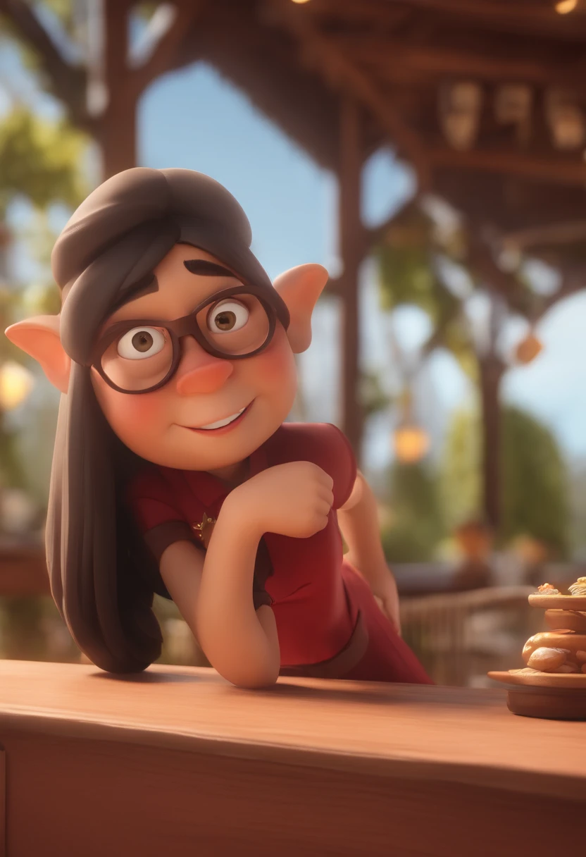 Cartoon character of a chubby woman with straight hair wearing black glasses and a red shirt, um personagem animado, Caractere estilizado, animation style rendering, 3D estilizado, Arnold Maya render, 3 d render stylized, toon render keyshot, Personagem 3D, Personagem 3D, 3d rendering stylized, 3 d character render, personagem de desenho animado, Personagem de close up, Pose de personagem, (Estilo Pixar) (master part:1.2) (Bokeh) (best quality) (pele detalhada) (textura detalhada) (8k) (argila) (Cinematic lighting) (foco nítido,Senta e vaza a parte superior do corpo