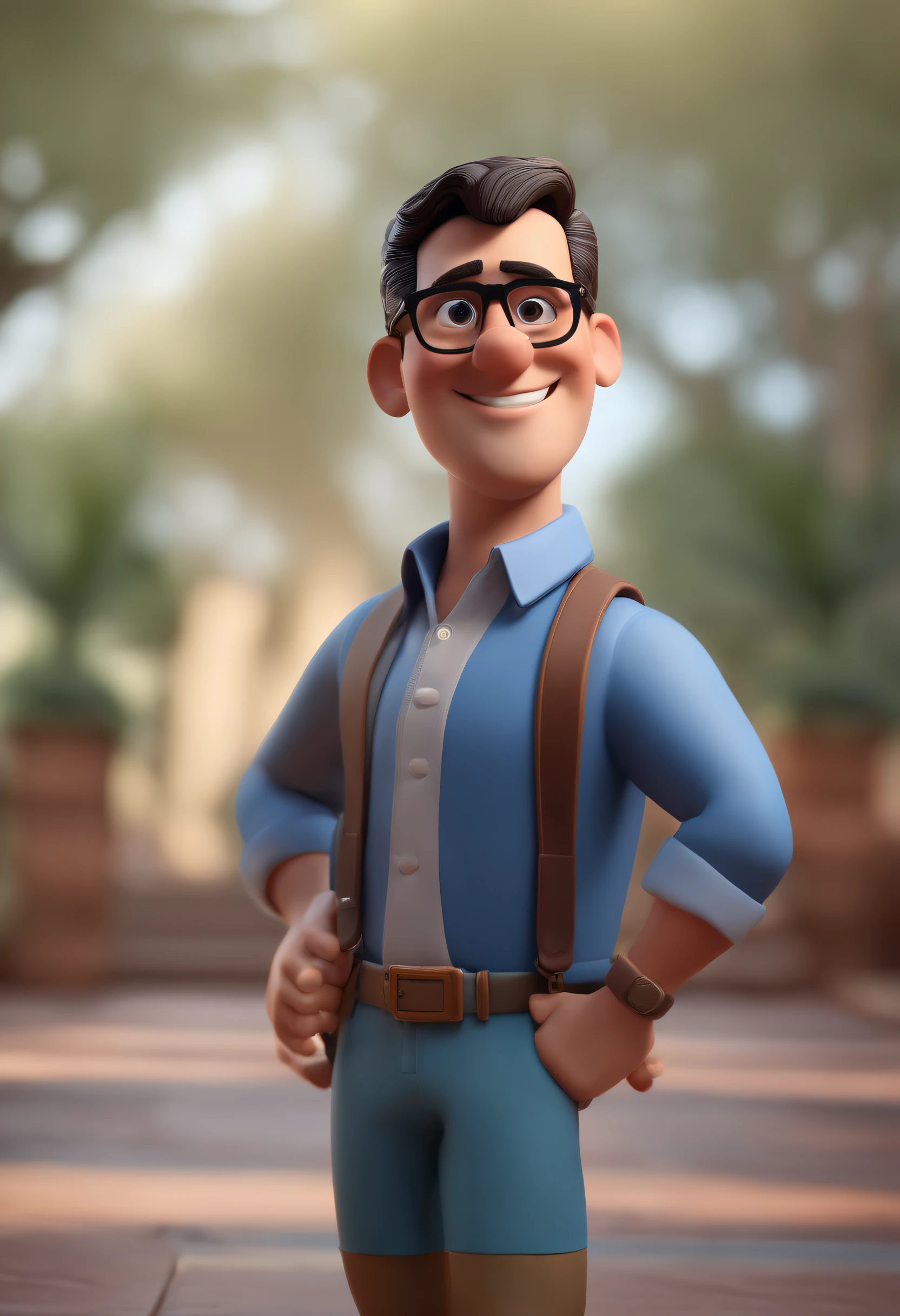 Cartoon character of a man with black glasses and a blue shirt, animation character, Caractere estilizado, animation style rendering, 3D estilizado, Arnold Maya render, 3 d render stylized, toon render keyshot, Personagem 3D, Personagem 3D, 3d rendering stylized, 3 d character render, personagem de desenho animado, Personagem de close up, Pose de personagem, (Estilo Pixar) (master part:1.2) (Bokeh) (best quality) (pele detalhada) (textura detalhada) (8k) (argila) (Cinematic lighting) (foco nítido
