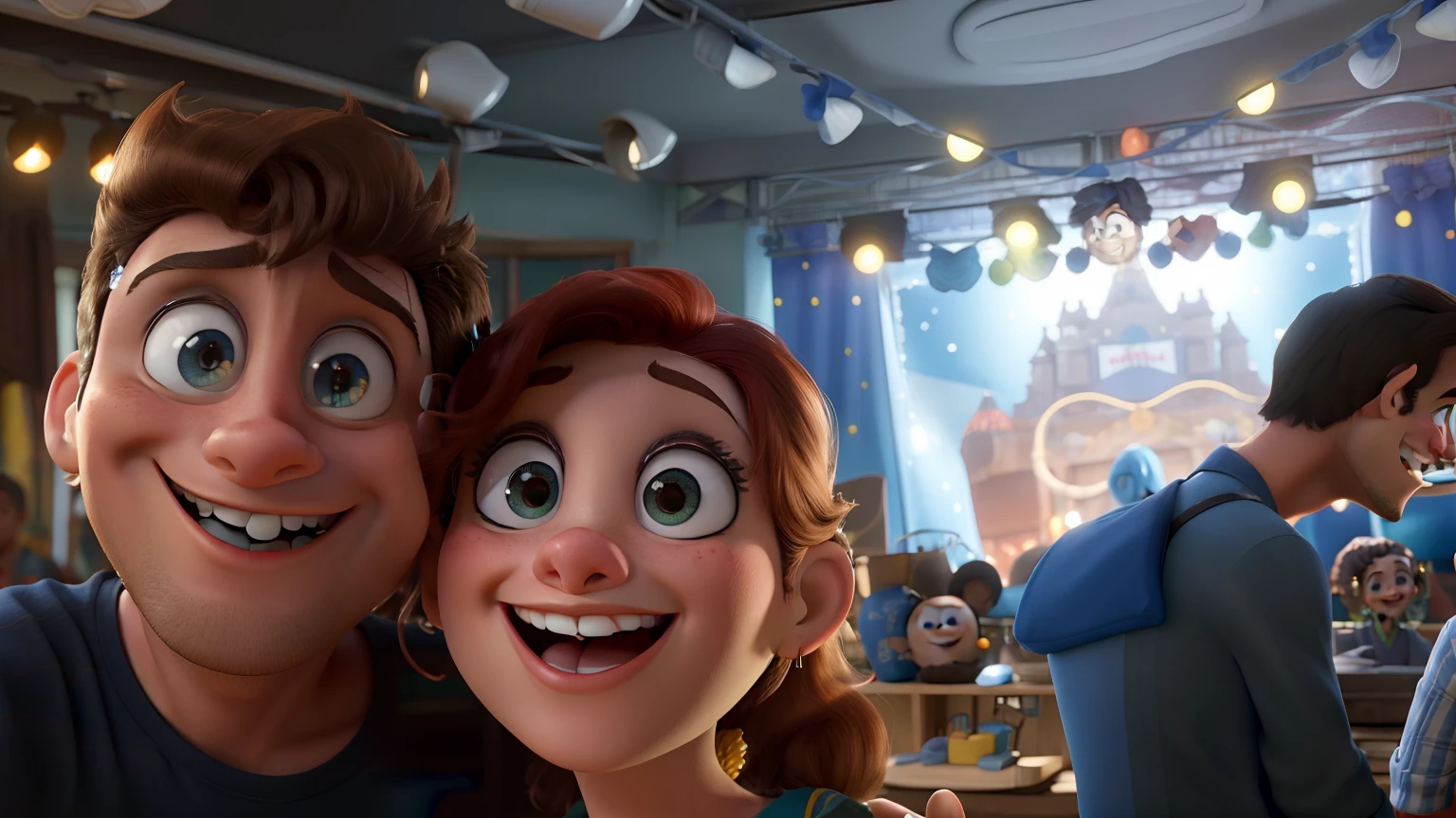 Casal de olhos azuis sorrindo em um show de rock estilo Disney Pixar, alta qualidade, melhor qualidade