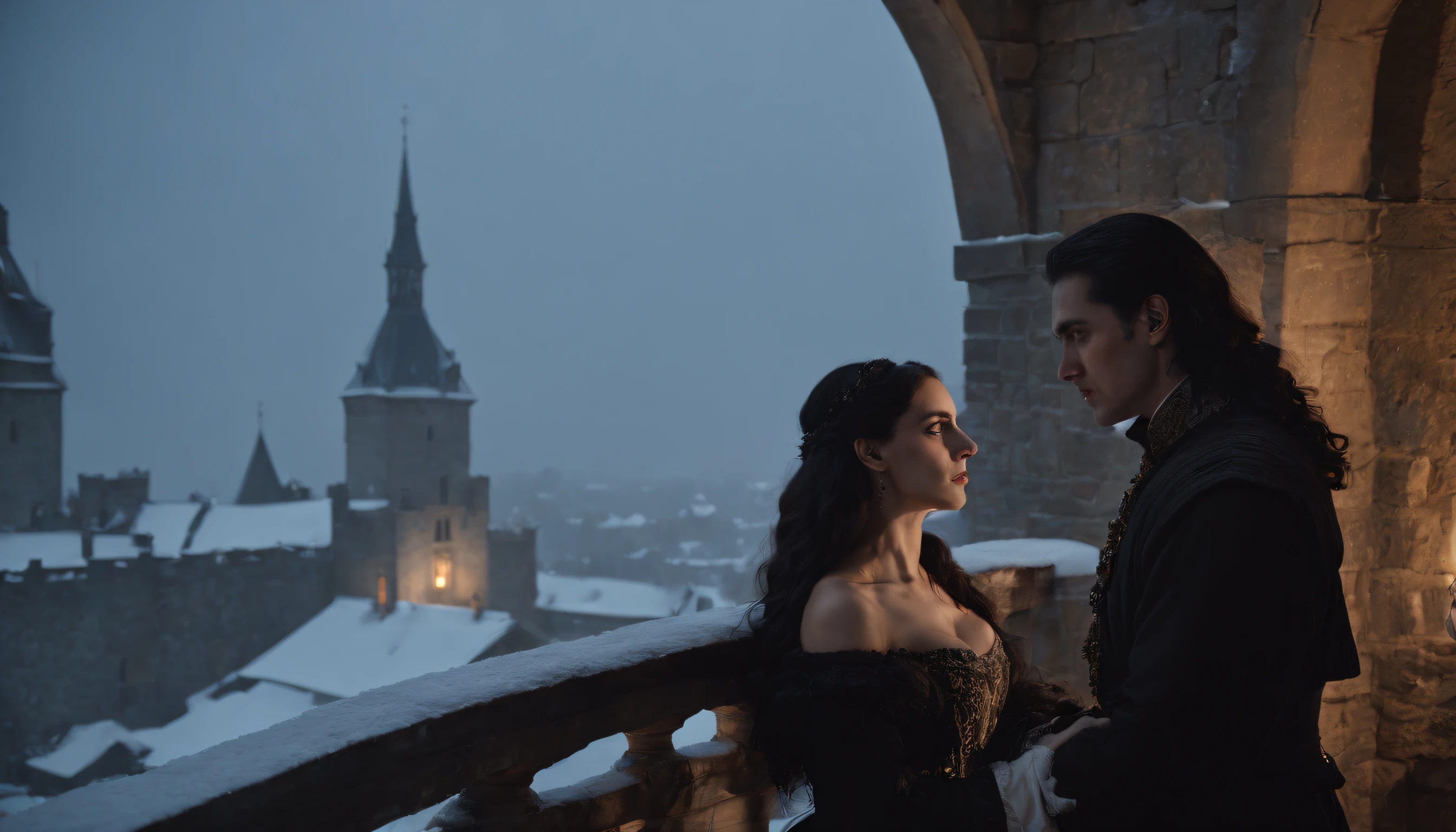 silhouette view, wide view, on a snowy castle balcony at midnight, in the shadows of a castle wall, two lovers make love, a young gypsy man with black hair and a young noble woman with long black hair and ivory skin, hidden by the darkness of the castle, night, moon rising, snow falling, cinematic, 8k, cinematic scene from film, gothic, eerie, mysterious