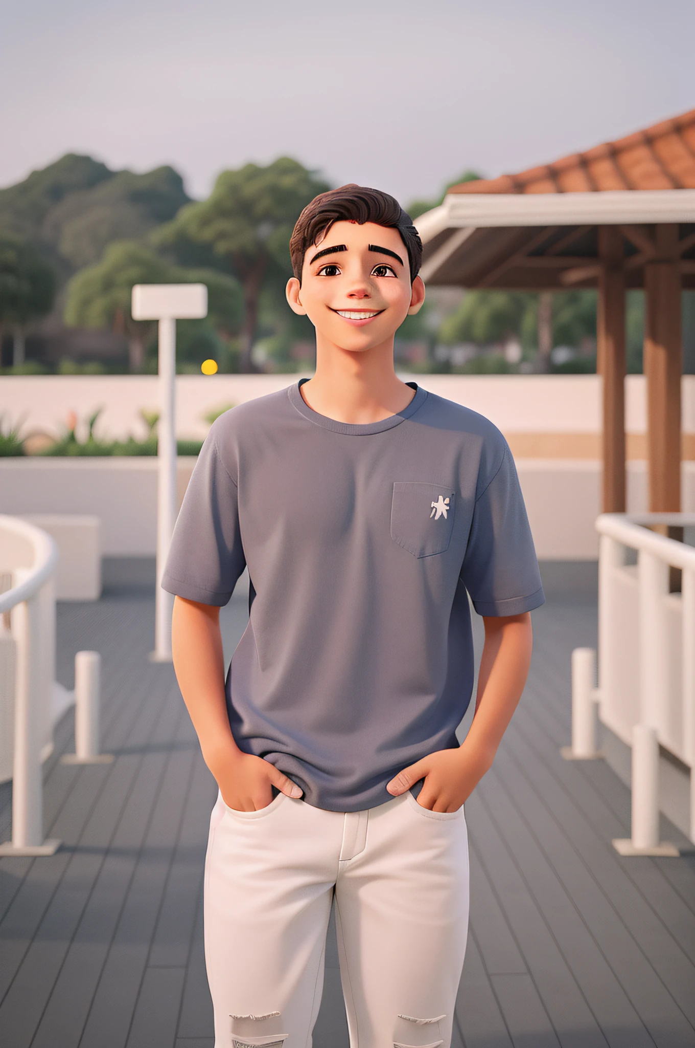 Um jovem sorrindo com aparelho no dente em uma paisagem