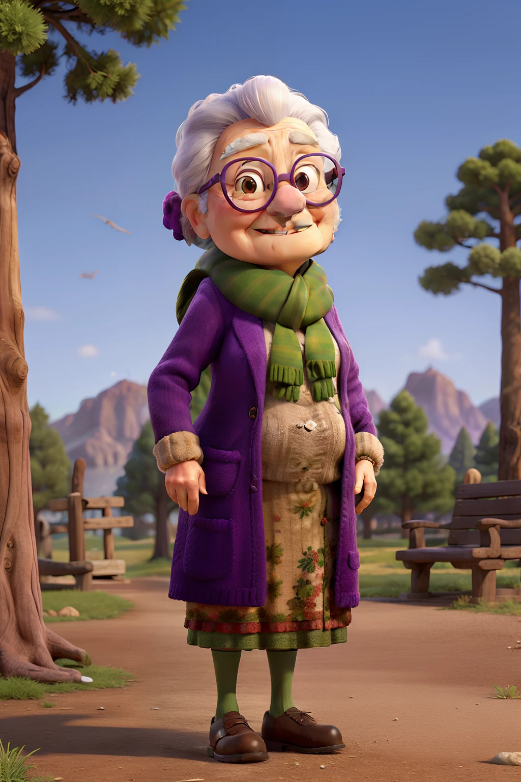 masterpiece, best quality, an old woman with glasses and a scarf on, wearing a purple coat and green scarf, standing at the park