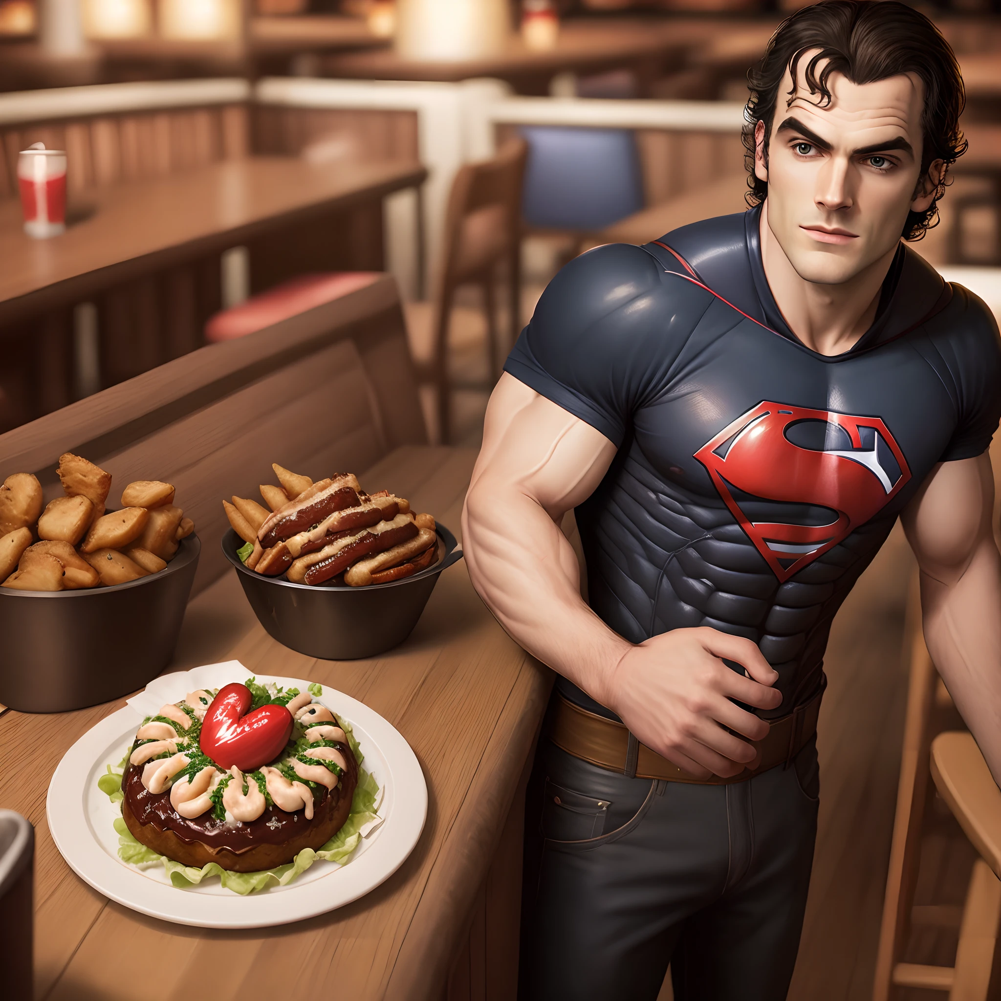 arafed man in a black shirt standing in front of a table with a knife, cutting meat and eating pizza, pizza,  meat, muscular character, exaggerated muscle physique, large muscles, big muscles, big muscle, muscular characters, massive muscles, buff man, huge muscles, absurdly massive physique, arnold 3 d render, arnold 3d render, arnold maya render, big arms, hyper realistic illustration