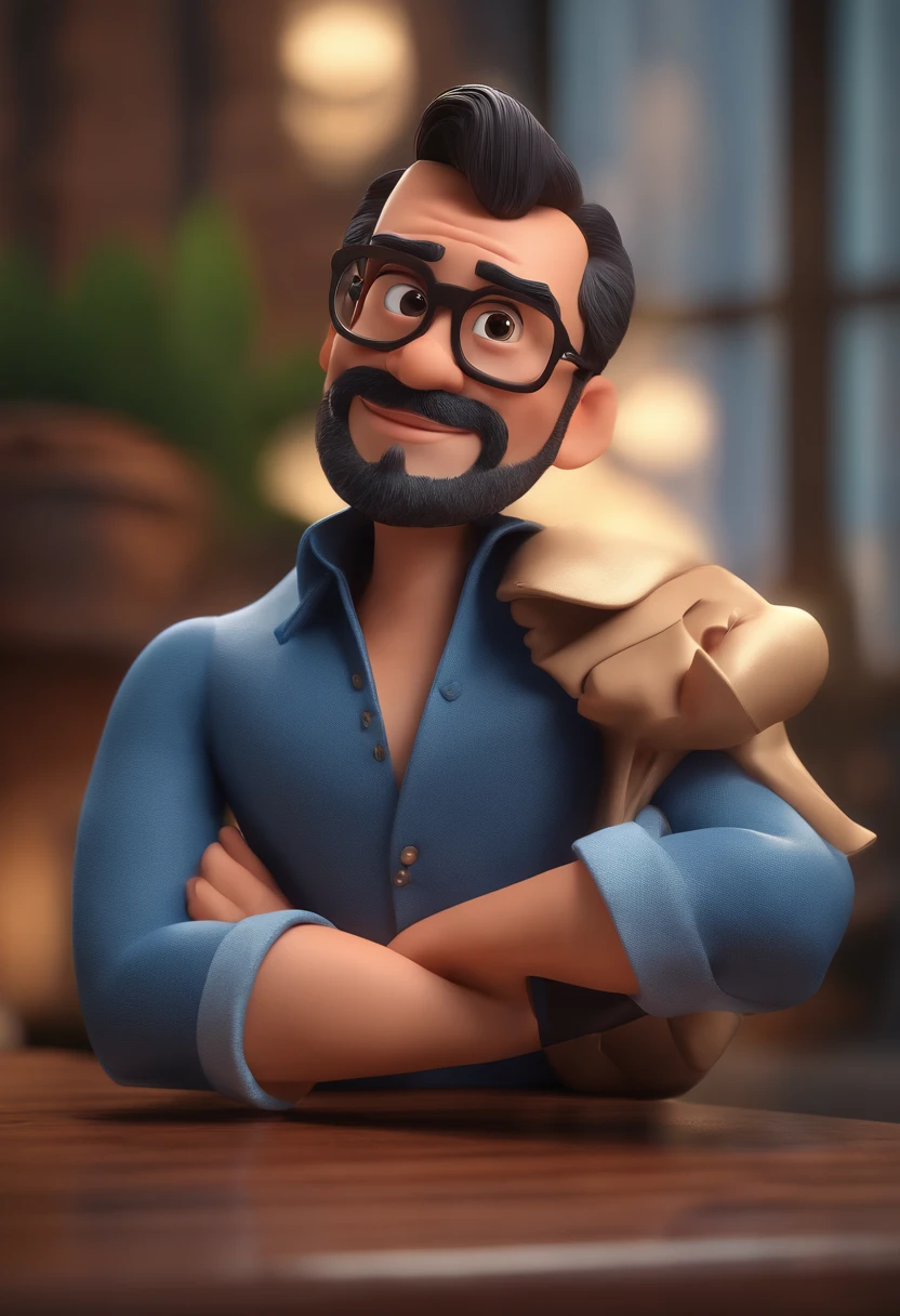 Cartoon character of a man with black glasses and a blue shirt, animation character, Caractere estilizado, animation style rendering, 3D estilizado, Arnold Maya render, 3 d render stylized, toon render keyshot, Personagem 3D, Personagem 3D, 3d rendering stylized, 3 d character render, personagem de desenho animado, Personagem de close up, Pose de personagem,  (Estilo Pixar) (master part:1.2) (Bokeh) (best quality) (pele detalhada) (textura detalhada) (8k) (argila) (Cinematic lighting) (foco nítido