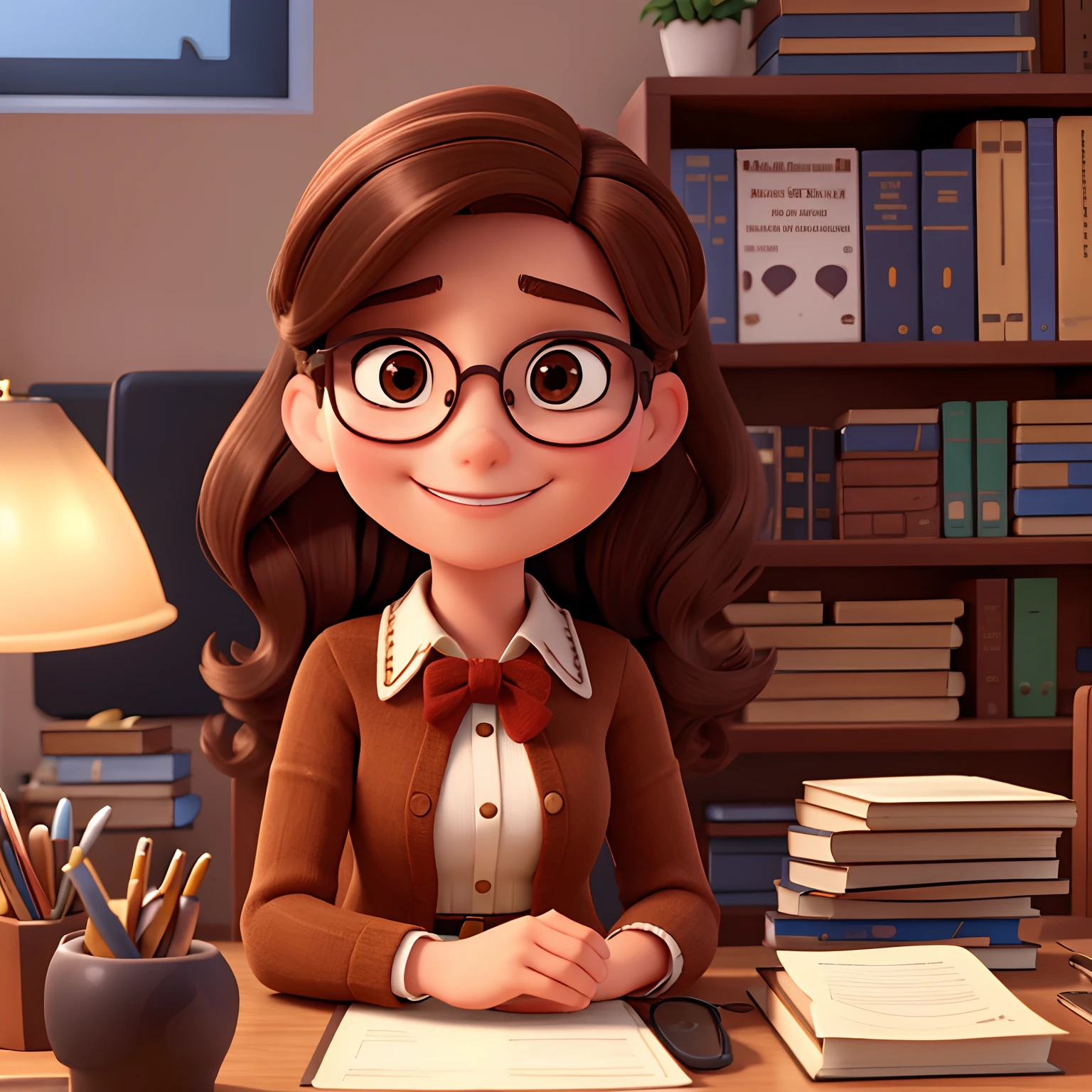 Mulher descolada, inspirado na Disney Pixar. A brown-haired woman wearing glasses in an office with a book on the table, sorrindo. Vestido roupa preta.