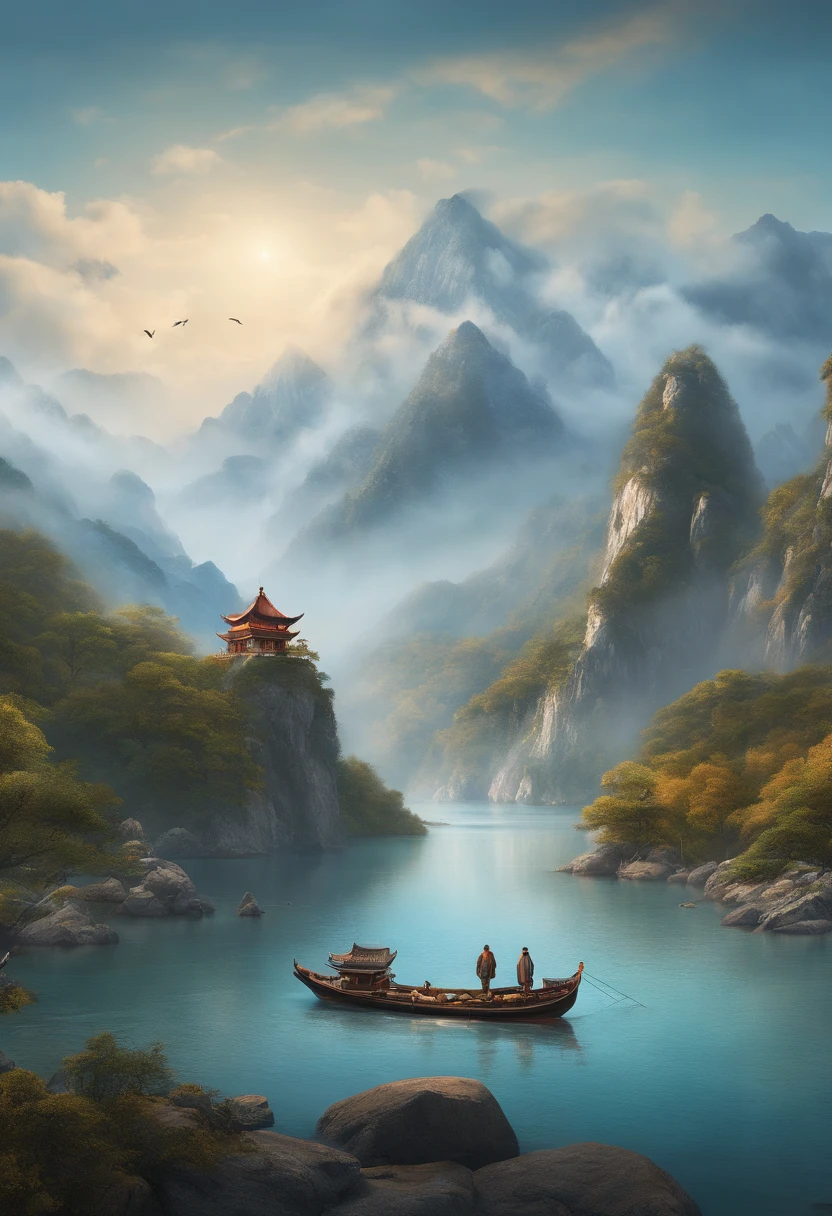 Thousands of mountains, birds, extinction, lonely boats, old men, ice and snow weather, fishing, best quality, Ultra-high resolution, 4K detailed CG, Masterpiece, archipelago, islands, Small island, Sea, water, River, shui mo hua, Chinese painting style, Thangka style, Aesthetic, Beautiful image, Center on the screen