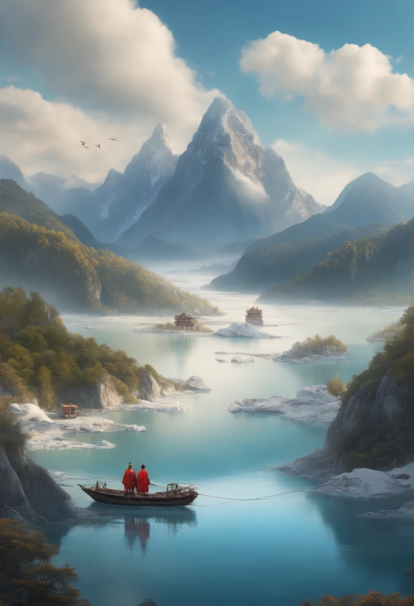Thousands of mountains, birds, extinction, lonely boats, old men, ice and snow weather, fishing, best quality, Ultra-high resolution, 4K detailed CG, Masterpiece, archipelago, islands, Small island, Sea, water, River, shui mo hua, Chinese painting style, Thangka style, Aesthetic, Beautiful image, Center on the screen
