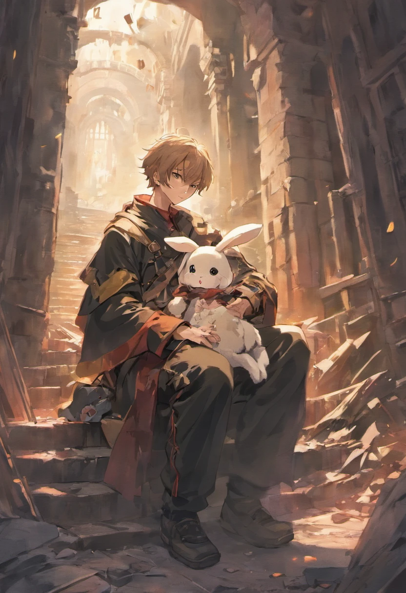 A man,Wearing tattered military uniforms,In the ruins after the battle,Holding a dirty bunny doll in his hand