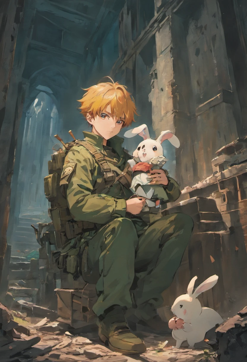 A man,Wearing tattered military uniforms,In the ruins after the battle,Holding a dirty bunny doll in his hand