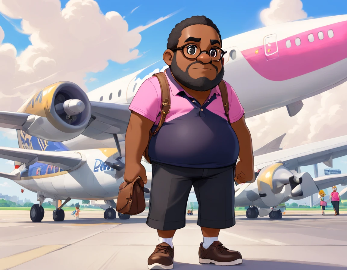 "Create an illustration in the Disney Pixar style with the title 'Maumau não é mau' (Maumau is not bad). The character is a chubby, black Brazilian man, around 41 years old, 1.73 meters tall, weighing 99 kilograms, with black skin, full lips, wearing prescription glasses, and having thick eyebrows. His eyes are dark brown, and he has a beard on his face. He is wearing a pink polo shirt, black dress pants, and white sneakers. He has a leather backpack on his back. The scene is set at an airport, where he is looking at an airplane in the sky."