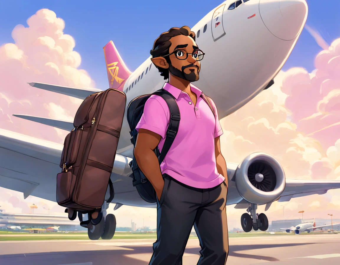 "Create an illustration in the Disney Pixar style with the title 'Maumau não é mau' (Maumau is not bad). The character is a chubby, black Brazilian man, around 41 years old, 1.73 meters tall, weighing 99 kilograms, with black skin, full lips, wearing prescription glasses, and having thick eyebrows. His eyes are dark brown, and he has a beard on his face. He is wearing a pink polo shirt, black dress pants, and white sneakers. He has a leather backpack on his back. The scene is set at an airport, where he is looking at an airplane in the sky."