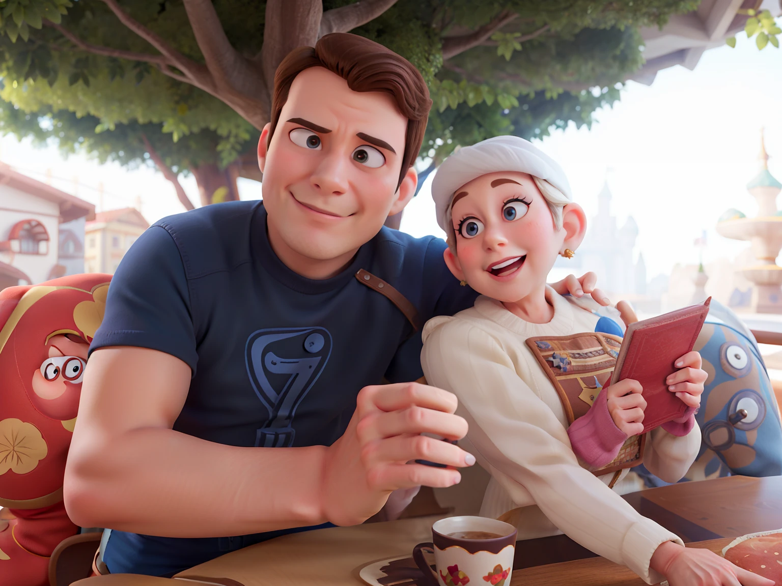 Brunette man and grandmother in Disney Pixar style, alta qualidade, melhor qualidade