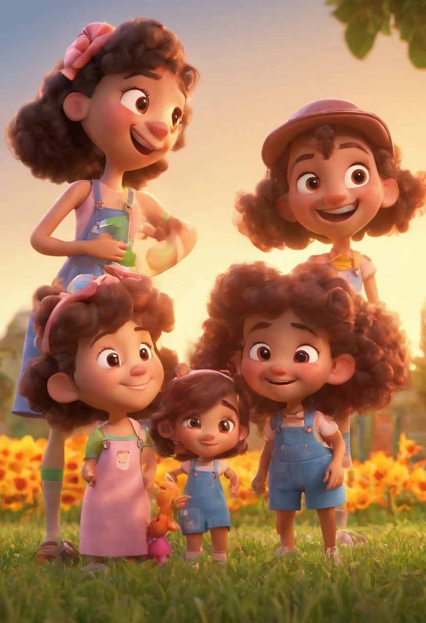 Estilo Pixar: Familia, Um pai, A mother and two girls. Uma  de 6 anos e outro de 2 anos . Uma fazenda com vacas lindas e marrom .