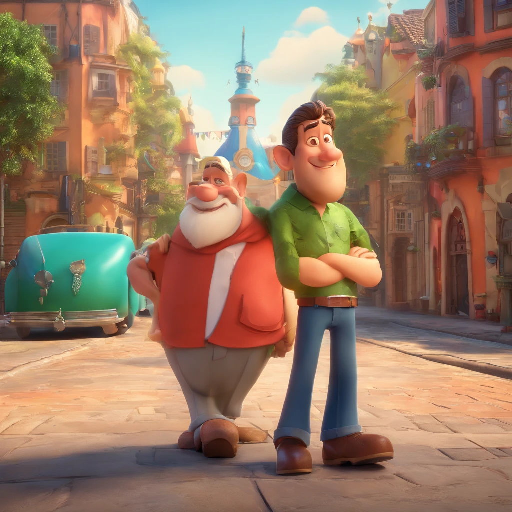 Crie um cartaz inspirado na Disney Pixar com o personagem sendo um tecladista; Um homem de cabelos castanhos, barba no rosto, in the city of Joaçaba, Santa Catarina, Brazil