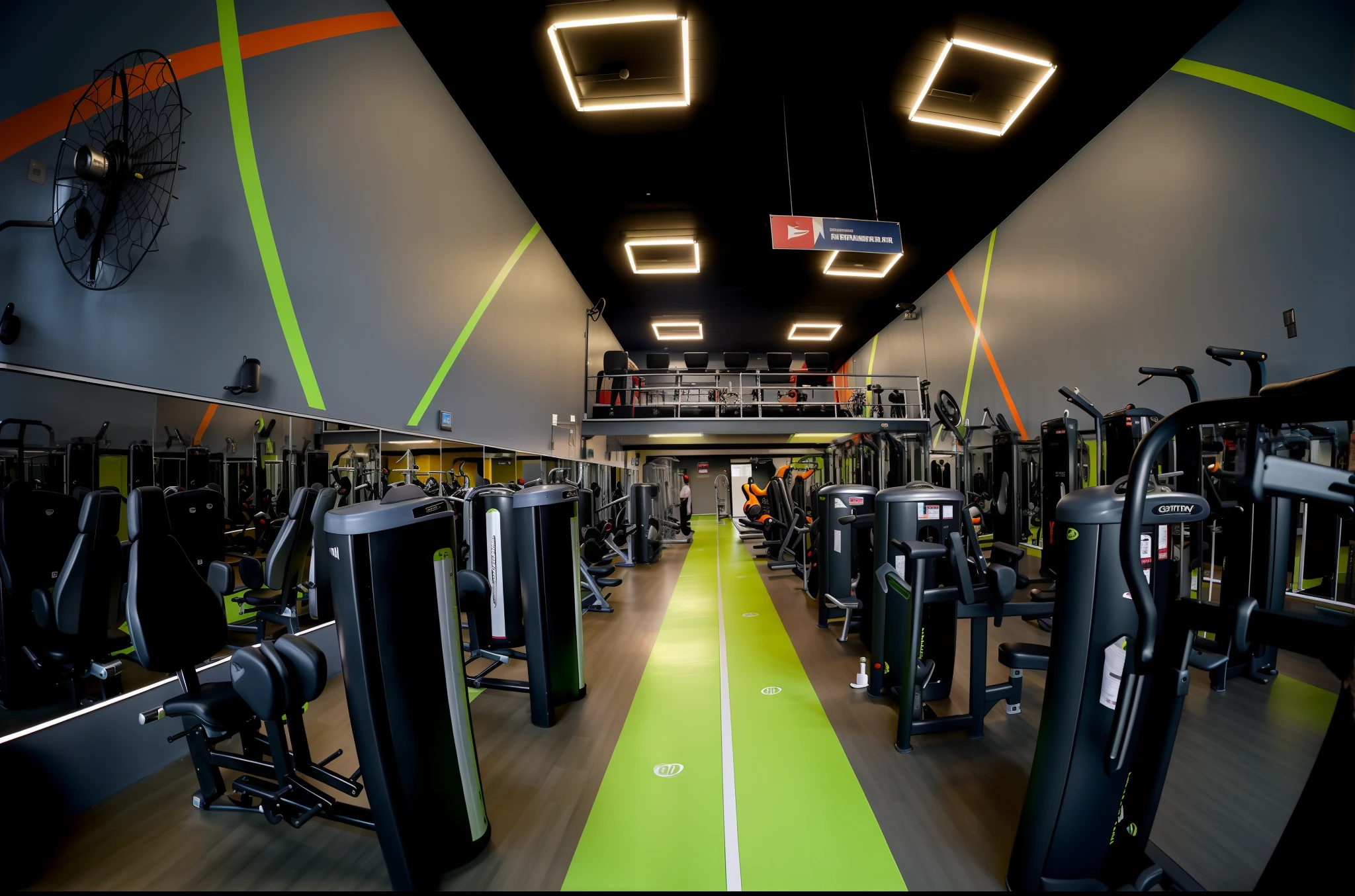 Ararfed view of a gym with a green floor and rows of machines, local gym, background a gym, dim dingy gym, hiperesfera, completely filled space, Aptitude, Afp, corpo inteiro, corpo inteiro, dingy gym, funcional, dingy gym, Directed by: Lisa Nankivil, em uma academia, Best seller, imagem de perfil, dingy gym