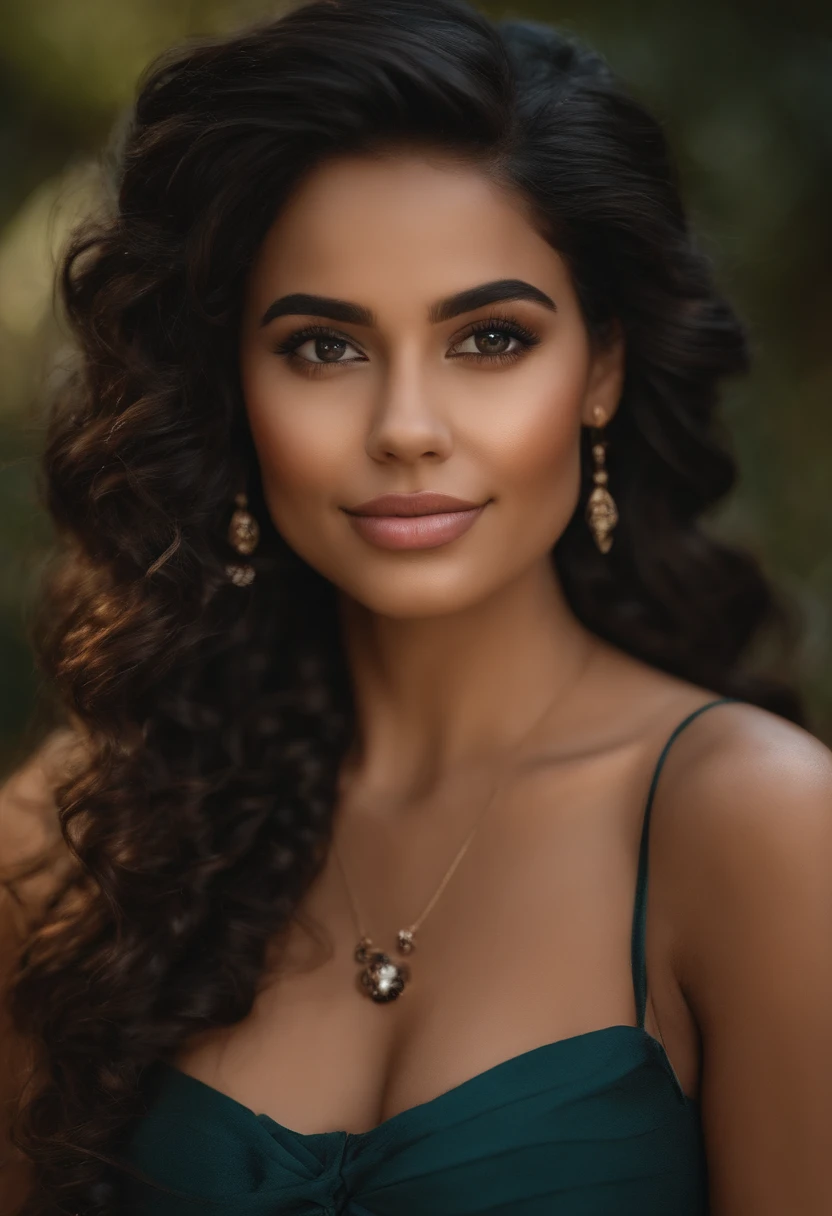 Uma mulher branca com cabelos pretos e sorrindo