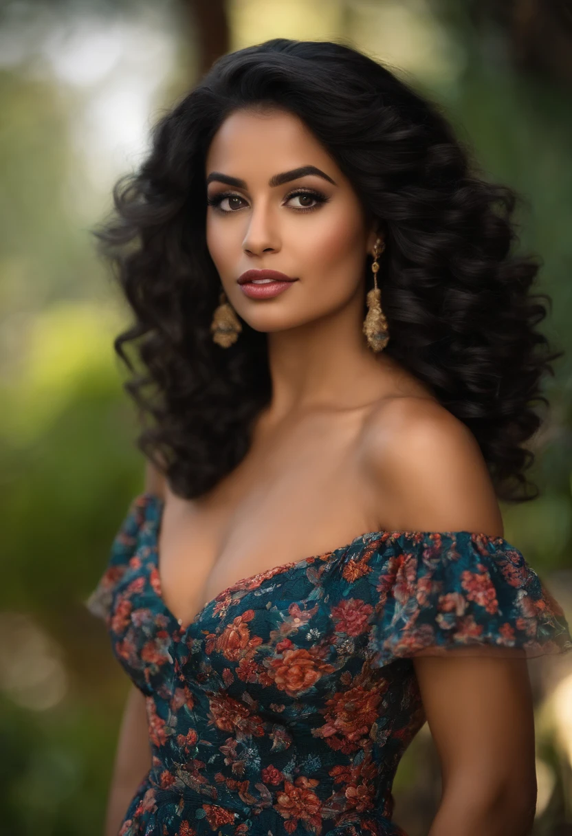 Imagem de uma mulher 26 anos, estilo disney, ela adora ler, possui cabelos pretos ondulados, Latin appearance, boca bem definida, cabelos nos ombros, confiante.