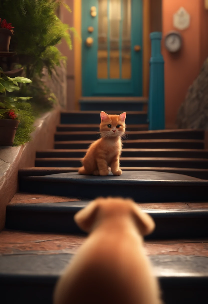 2 Gatinhos estilo desenho animado, Pixar, Petz, strolling on the stairs of the building