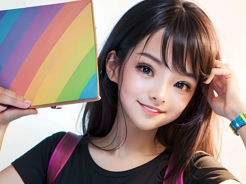 focus on board, rainbow color t-shirt simple backgroud,face viewer ,a pretty girl hold a big square board with two hands before her body to left, leaning her head to left,smile, 8k, detailed