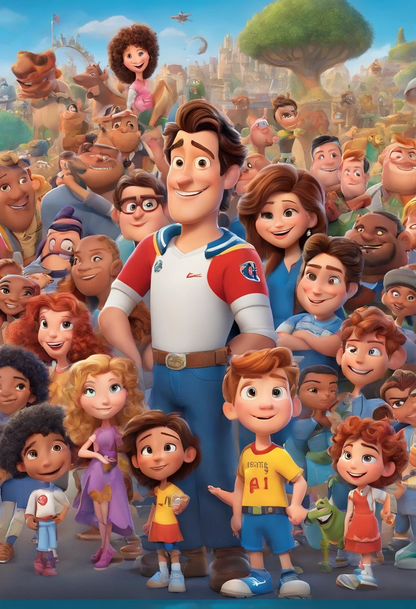 a Disney Pixar movie poster showing a white-skinned family. The father is the tallest, Has a medium beard, cabelos curtos,espinhosos e pretos. The mother has brown eyes and hair, na altura dos ombros, curly and slightly overweight. O tem 7 anos e cabelos cacheados, dourados, na altura das orelhas. Todos vestem o uniforme de um time de futebol com listras vermelhas e pretas na horizontal. The background is a stadium with the team's colors . 3D-rendering