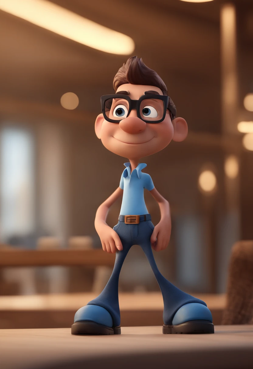 Cartoon character of a man with black glasses and a blue shirt, animation character, Caractere estilizado, animation style rendering, 3D estilizado, Arnold Maya render, 3 d render stylized, toon render keyshot, Personagem 3D, Personagem 3D, 3d rendering stylized, 3 d character render, personagem de desenho animado, Personagem de close up, Pose de personagem, (Estilo Pixar) (master part:1.2) (Bokeh) (best quality) (pele detalhada) (textura detalhada) (8k) (argila) (Cinematic lighting) (foco nítido