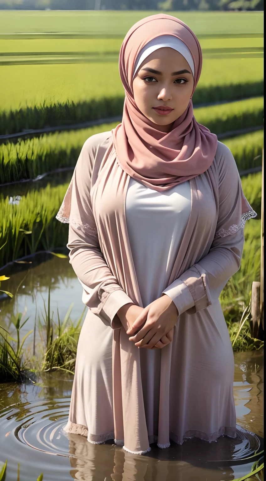 RAW, Best quality, high resolution, masterpiece: 1.3), beautiful Malay woman in hijab (iu:0.8),cleavage, RAW, Best quality, high resolution, Masterpiece: 1.3, Beautiful  hijabi malay girl, Masterpiece, Soft smile,Beautiful Malay women wear pastel color hijab in rice paddy, bright sunshine, ankle length dress, shawl, long sleeved shirt, bright clothing, dark skin, highres,4k,HDR,1girl, photorealistic, realistic,sweat skin, thin face, big breast, perfect make up, big eyes, glossy lips, perfect nose, soft smile, thick sexy body, cleavage, portrait, cinematic, realistic, photo, standing in a rice field, dirt on clothes, mud on boots, raining heavily, wet body, raining heavily,