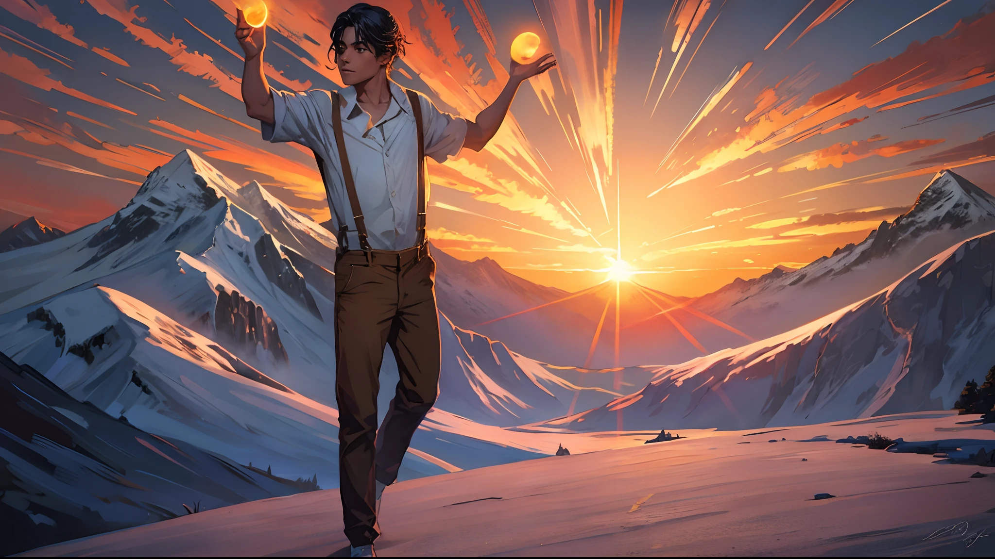 the sunset,eventide,Big Mountain,Medium short hair,Suspenders,The five fingers of human anatomy,Put your feet on the ground,Two hands,Raise Hand,