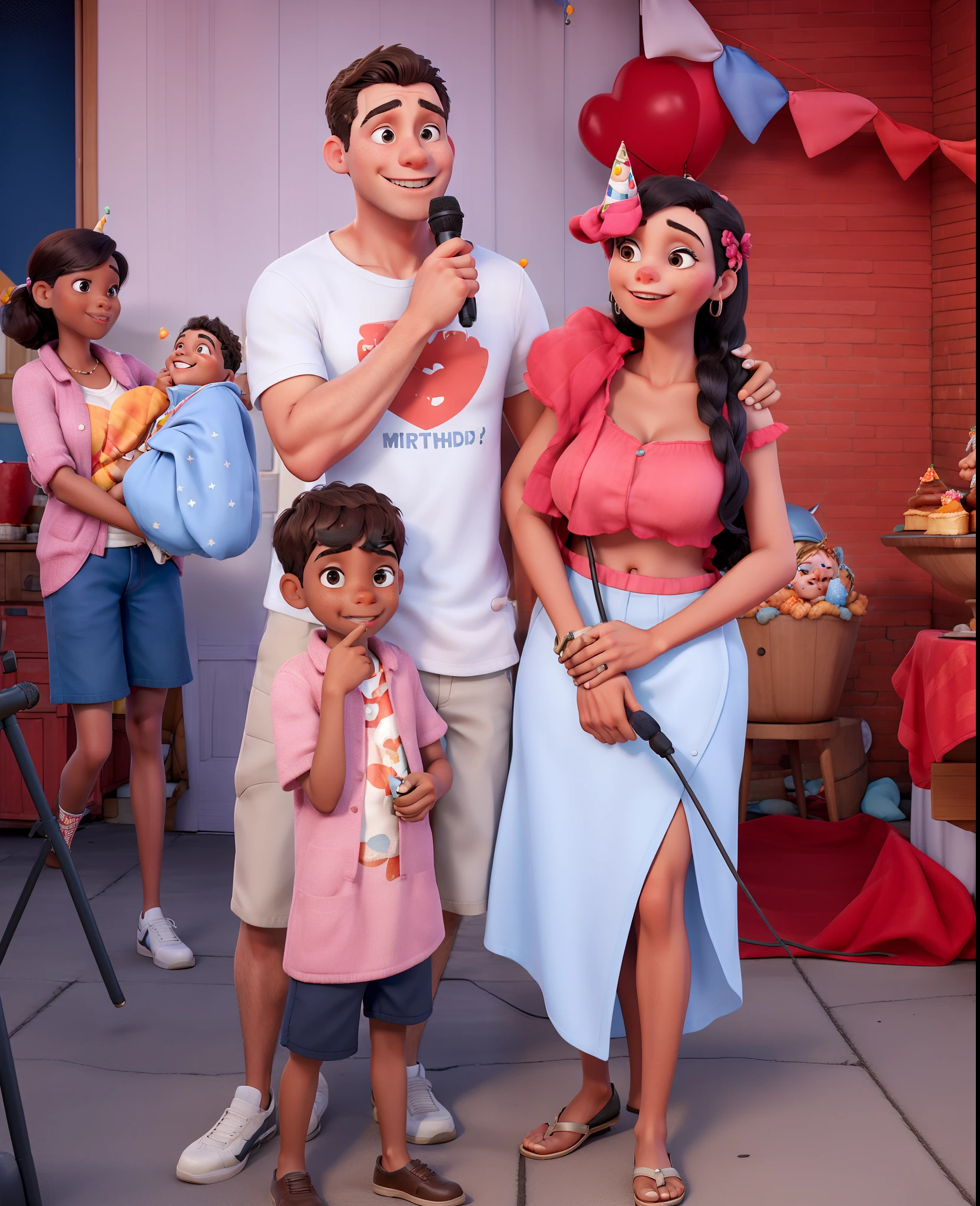 A man with microphone in his hand, A woman next door and two children at a birthday party