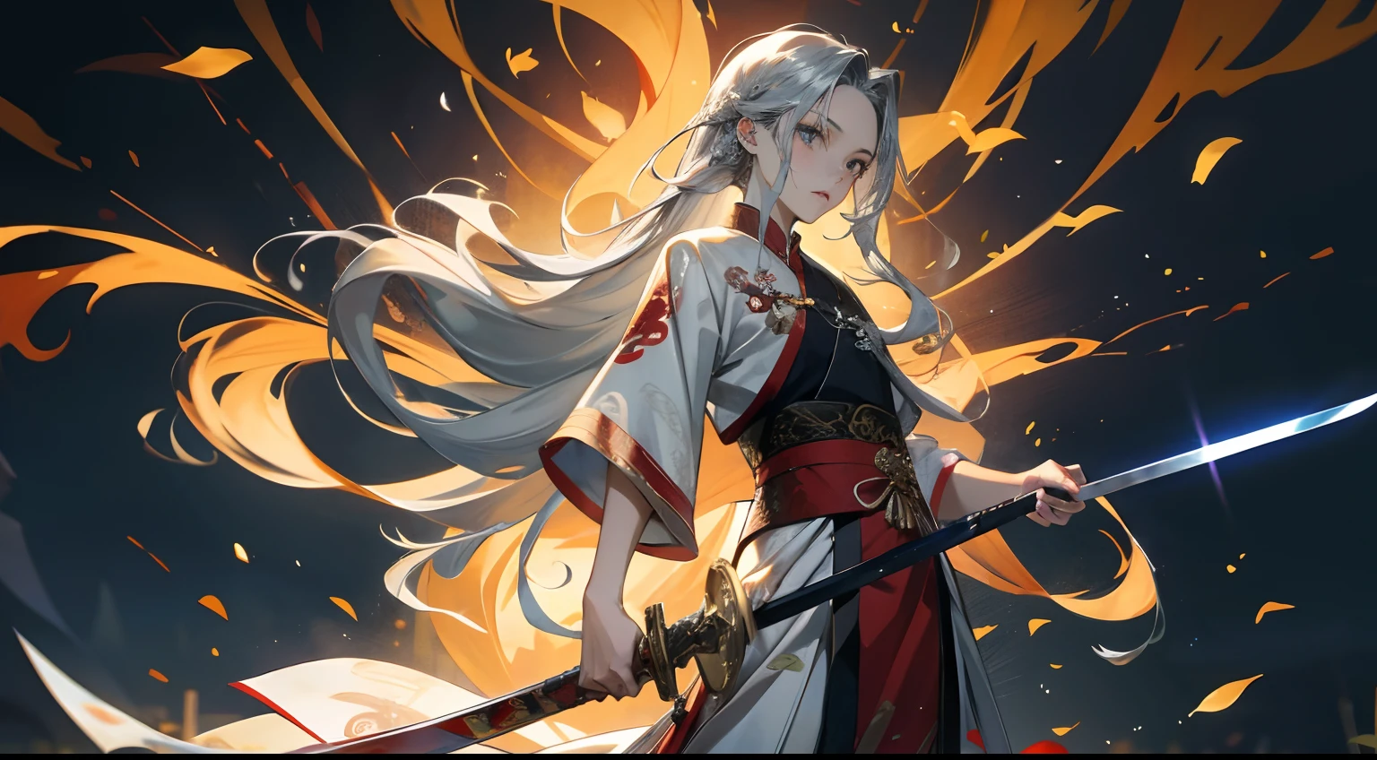 Best picture quality，tmasterpiece，超高分辨率，16k，Very detailed faces，art  stations，poster for，The intense use of color，One-man display，Absolutely beautiful，A girl holding a sword，Silvery hair，Long flowing silver hair，Red silk Chinese dress，Hanfu，Embroidery，Standing motion，Standing in a bamboo forest with a sword on his back，bamboo forest background，bamboo forrest，Dramatic composition，电影灯光，Front Shooting，Bamboo leaves fall in the air