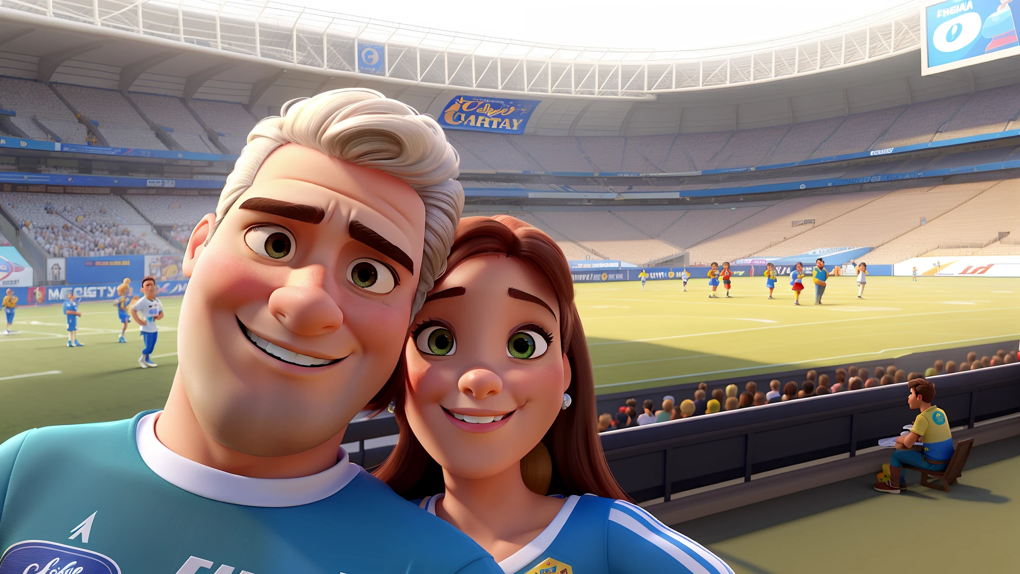 Casal estilo disney pixar melhor qualidade alta qualidade. Homem claro cabelo branco e mulher morena olhos castanhos cabelos pretos, Celebrating football game title with champagne