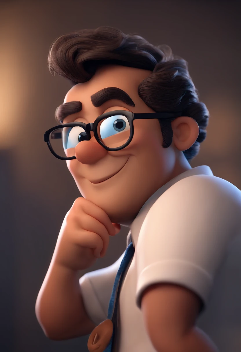 Cartoon character of a man wearing black glasses and a blue shirt, um personagem animado, Caractere estilizado, animation style rendering, 3D estilizado, Arnold Maya render, 3 d render stylized, toon render keyshot, Personagem 3D, Personagem 3D, 3d rendering stylized, 3 d character render, personagem de desenho animado, Personagem de close up, Pose de personagem, (Estilo Pixar) (master part:1.2) (Bokeh) (best quality) (pele detalhada) (textura detalhada) (8k) (argila) (Cinematic lighting) (foco nítido，Senta e vaza a parte superior do corpo