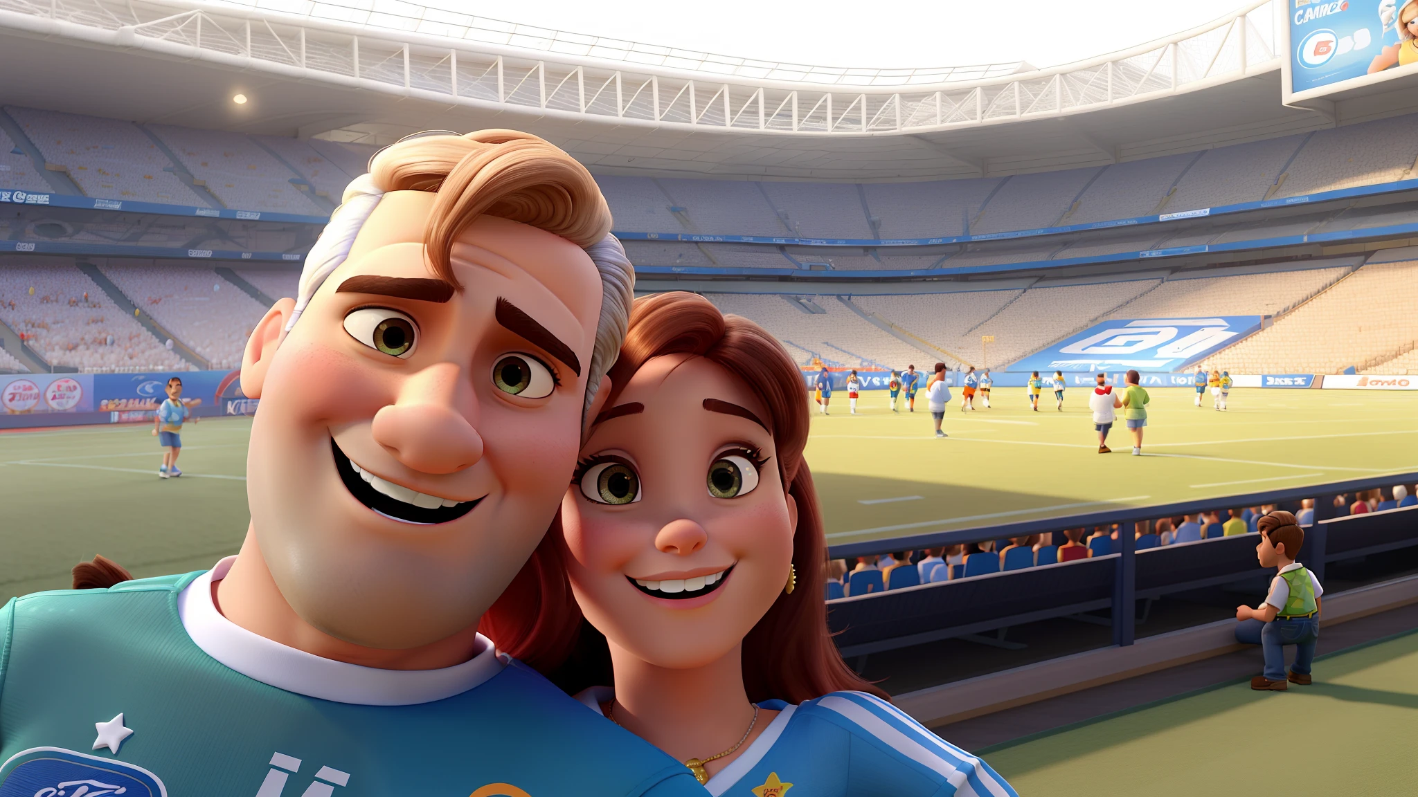 Casal estilo disney pixar melhor qualidade alta qualidade. Homem claro cabelo branco e mulher morena olhos castanhos cabelos longos lisos pretos, Celebrating football game title with champagne