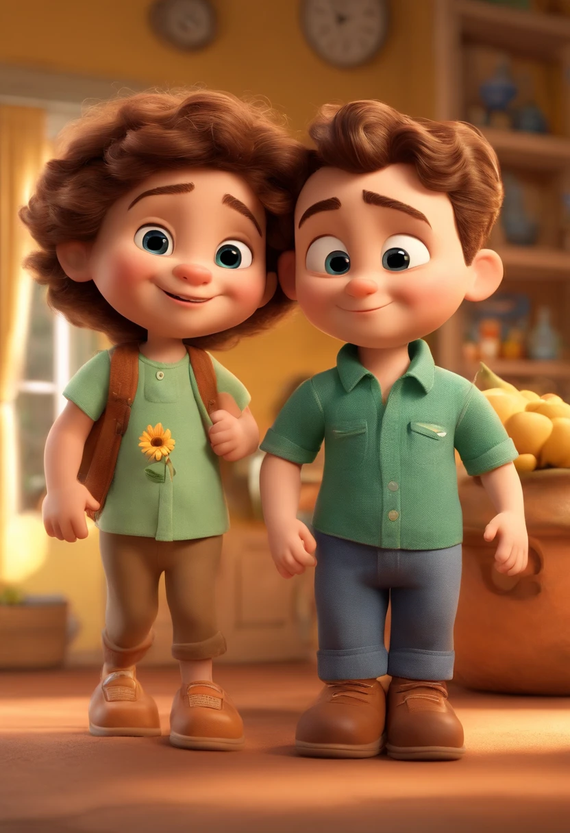 Create a Disney PIXAR-style 3D poster. ((centro da imagem, twins)), ((2 children)) ((2 baby boys, They're hugging each other, O menino tem pele branca e cabelos castanhos escuros e olhos castanhos claro, 1 menino tem pele clara, olhos castanho claro e cabelo liso castanho claro)) Next to the babies an adult mother, pele clara, cabelos longos e pretos, olhos castanhos claros ((tudo isso no estilo Disney PIXAR 3D, In the background, A house of sunflowers, Gloria Studio, The garden is full of nature 3D render RTX clay material, estilo de design cartunesco, POP Mart, soft lighting, linhas suaves, Spring tilt, Detailed illustrations of PIXAR 3D, Detalhes hiper-realistas, cor quente no estilo Disney PIXAR 3D))