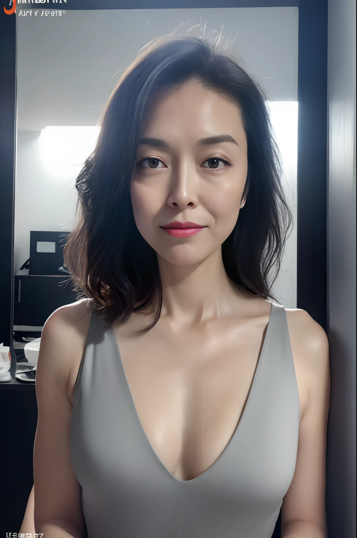 random pose, mix4, (8k, RAW photo, best quality, masterpiece: 1.45), (realistic, photorealistic: 1.37), one girl, cute, cityscape, night, rain, wet, professional lighting, photons mapping, radiosity, physically based rendering, gradient black hair, gray hair, short curly hair, handsome, girl, Deep V-neckline slip dress, pale skin, top quality photo, high res, 1080p, (clear face), (detailed face description), (detailed hand description), (masterpiece), (exquisite CG), extreme light and shadow, disheveled hair, master work, rich details, (fine facial features), (highest quality photo), (masterpiece), (detailed eyes), look in front of you eyes, fine clavicle, (huge breasts:1.47),