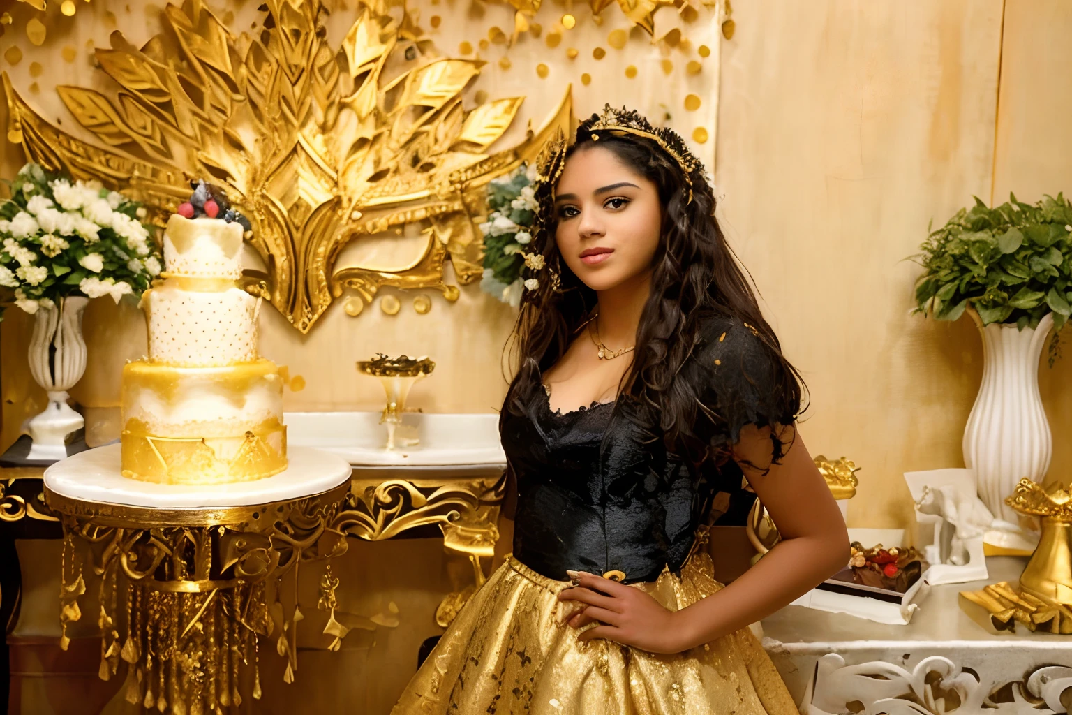 There's a woman in a golden dress standing in front of a cake, 1 6 anos, ela tem cerca de 1 6 anos de idade, Alanis Guillen, posando de rainha, Princesa negra africana, com uma coroa de ouro, vestindo enorme coroa dourada, Premiado - Premiado, Premiado, rainha bonita, Foto tirada com Nikon D750