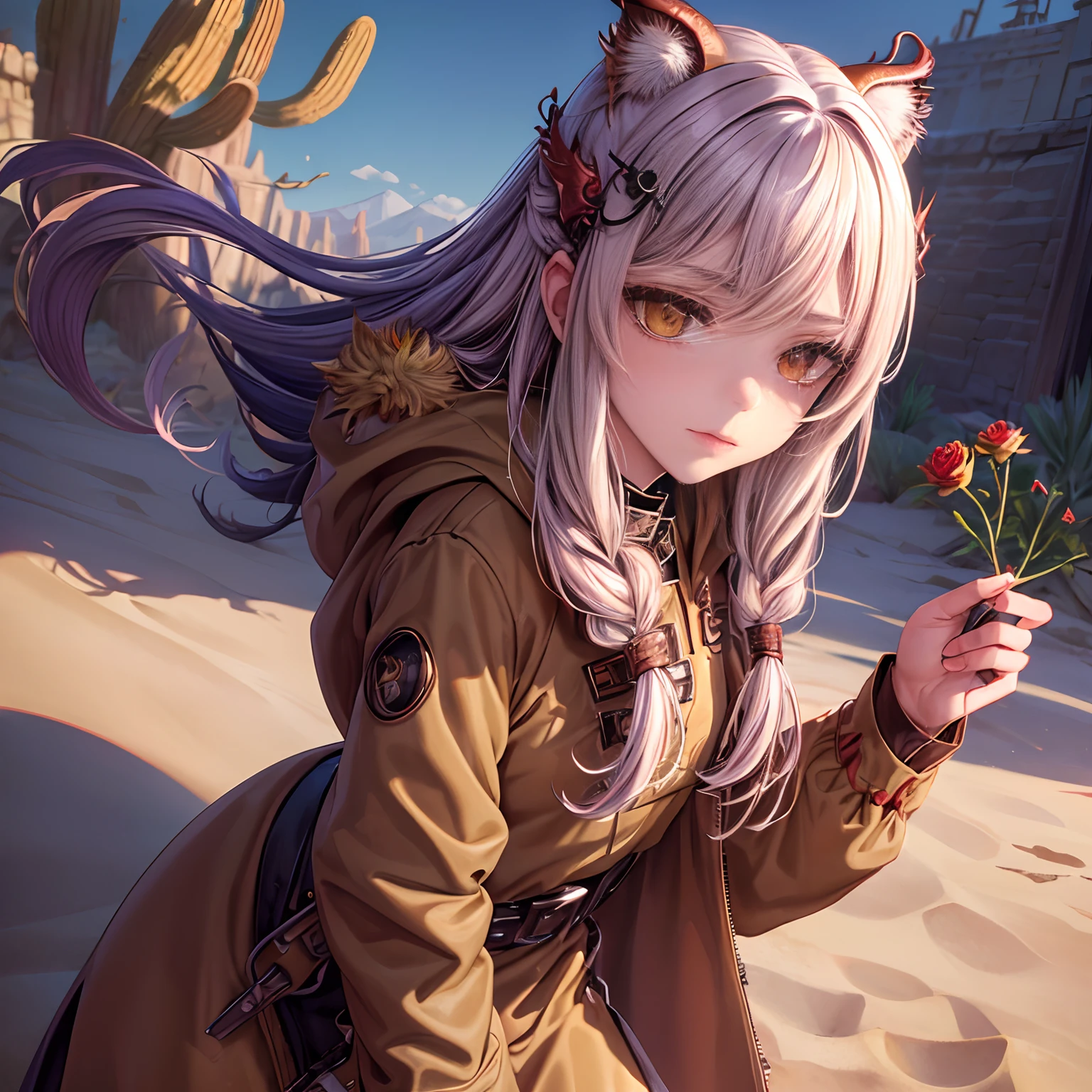 ((Desert, Sand, sand dune, Refractive effect, Sun)), (Masterpiece, Best quality), (1girll), (Solo), ((Portrait)), Perfect face, ((Heterochromia, Blonde and purple hair, ((Red Dragon Parka)), Gothic unnecessary belts are everywhere, mole under eyes)), Beautiful desert with cacti in the background, tumbleweeds, Cinematic light, Sunny day, Dramatic lighting, Ultra detail, 8K, aquarelle, Dainty, Delicate (Gothic lace, Gothic rose, goth aesthetic)