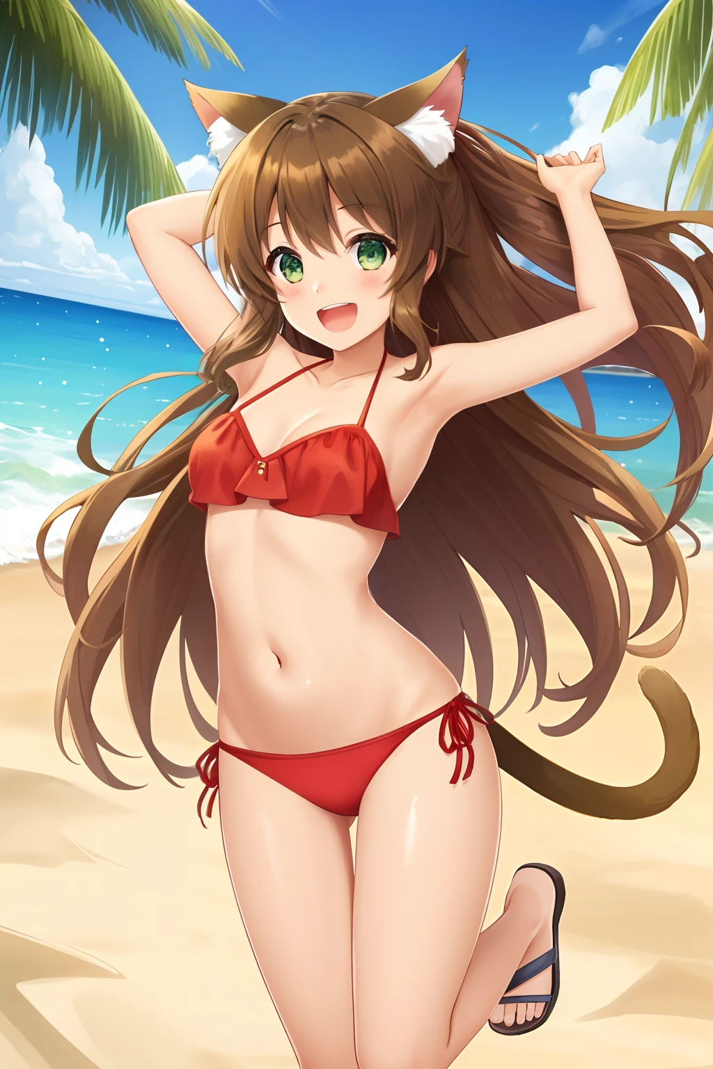 excited girl on the beach, long brown hair, green eyes, cat tail and ears, red bikini, open mouth smile
