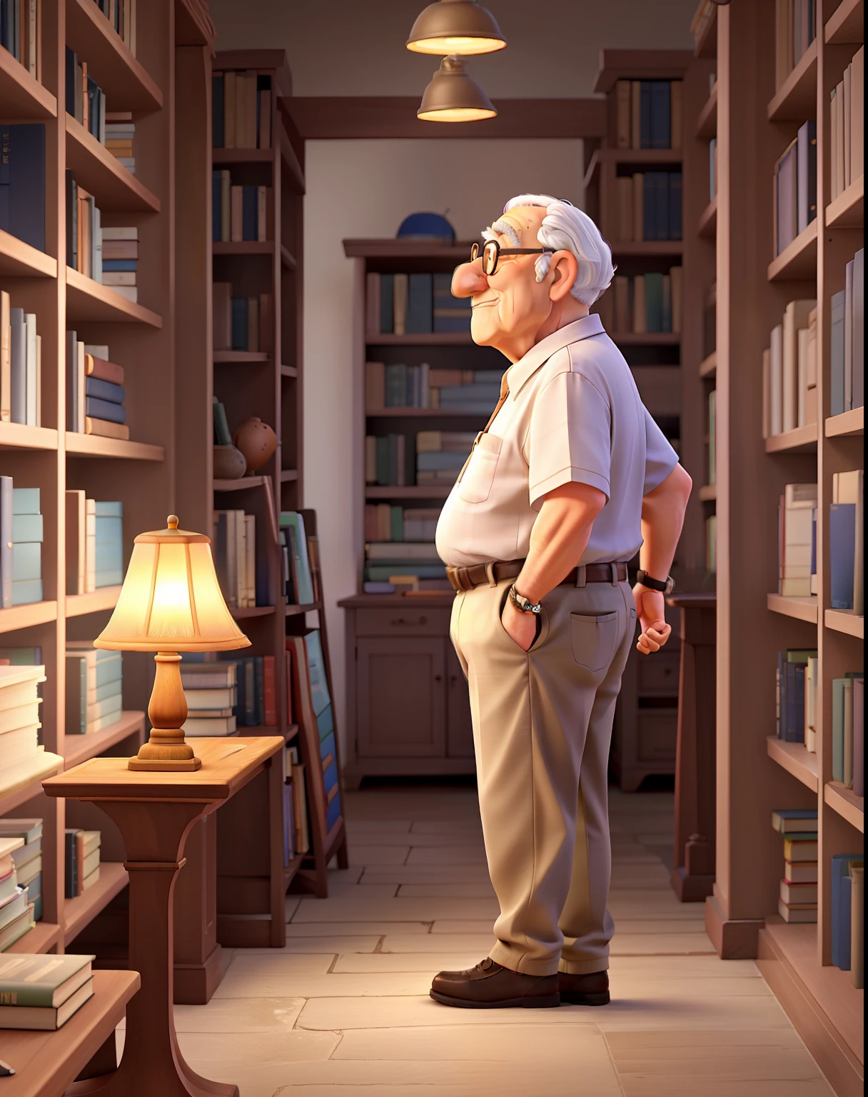 A wise old man standing in front, illuminated by the light of a lamp, against the backdrop of a library
