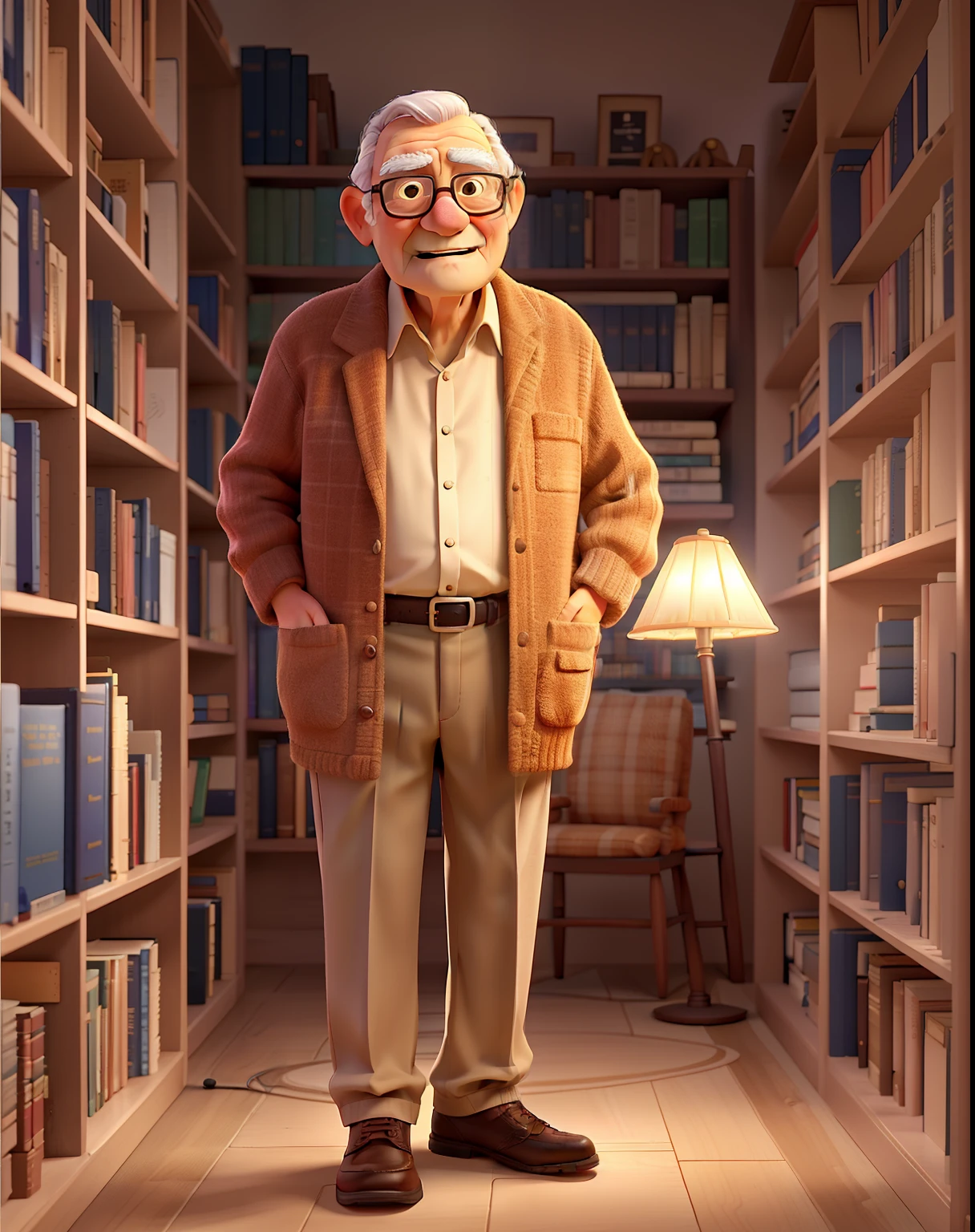 A wise old man standing in front, illuminated by the light of a lamp, against the backdrop of a library