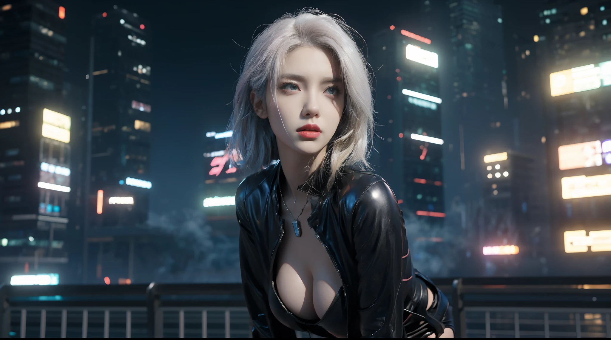 (3D realistic), 1girll,Solo,gigantic cleavage breasts, tight leather clothes, (cleavage), Slim and sexy body, hyper HD, 8K,dramatics,(Mid-range portrait),The city of the future,the night,Sateen,volume fog,steamy