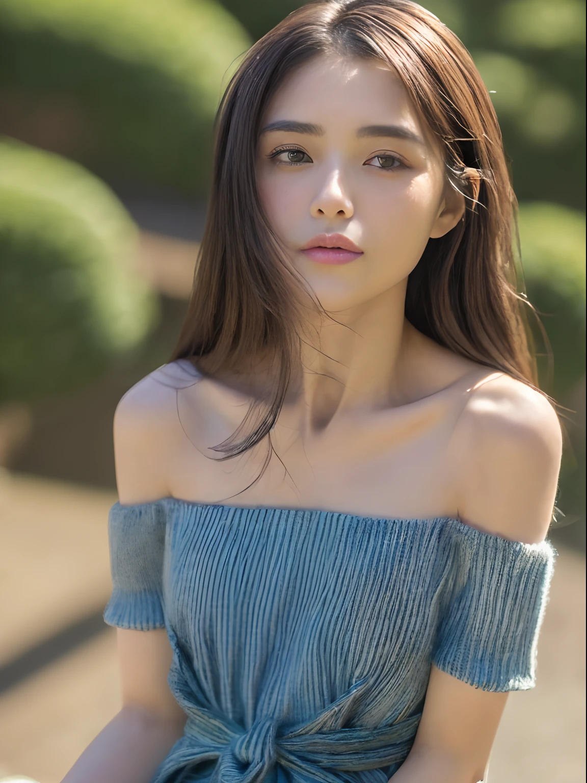 (top-quality、8K、masterpiece、nffsw:1.2), (Photo of a beautiful girl with a cute Japan、18year old、beauitful face:1.4), (Very fine eye definition, Symmetrical eyes:1.3), Brown eyes, Parted bangs, Lustrous black hair、(Perfect body without contradiction、Perfect limbs without contradiction:1.8)、(Beautiful large breast、Constricted waist:1.7),(ivory、off shoulders、Loose knit dress、pumps) 、(Slouched、Look up here:1.6)、(Looking at the camera:1.4)、(a closeup:1.5)、outside of house、the wind、shinny skin、blurry backround