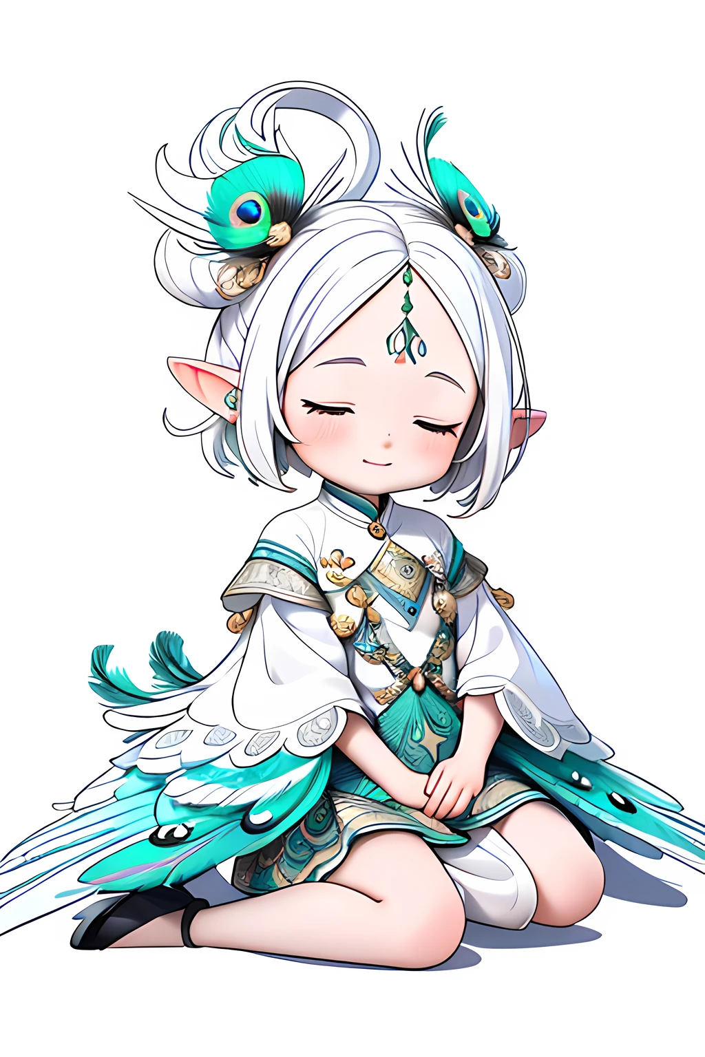 (Best quality, A high resolution, Masterpiece:1.2), Black and white, Q version 2 year old girl, "Peacock elements", "Peacock tail", "Whole body", Cute face, updo-hairstyle, closing her eyes, Comfortable appearance, White color hair, "Sit on your knees", "Clothes made of feathers", White hair, Short hair, There is a circular pattern in the center of the eyebrows, A high resolution, White background, Mono Color, Line drawings, ((Sketch)), feathers hair ornament, "Peacock tail", forehead jewel, forehead mark, long and pointed ears, High detail, 4K, Super detail, High quality