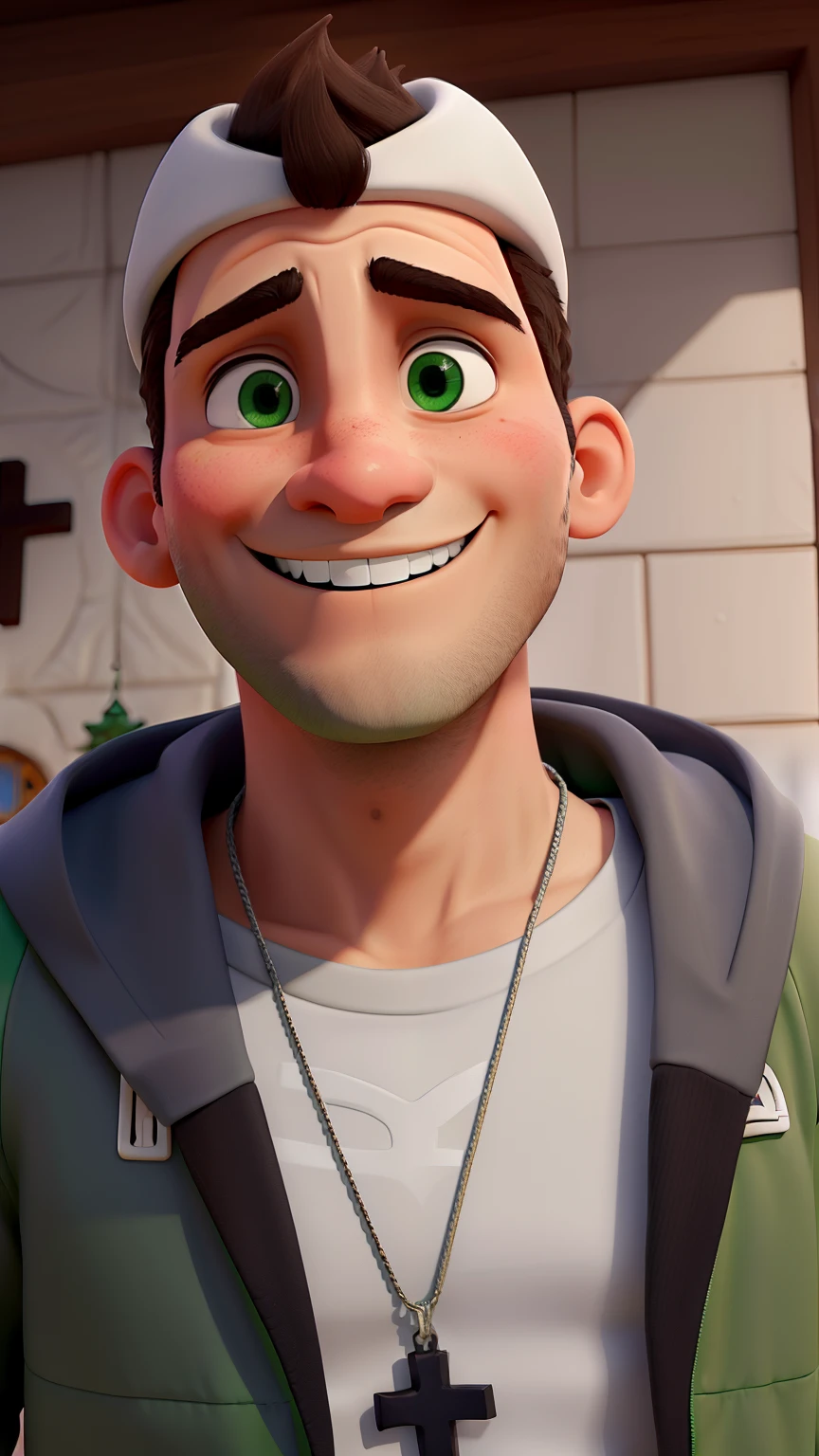 Um homem de olhos verdes,sorrindo,com bone branco, jaqueta preta em frente a uma Igreja