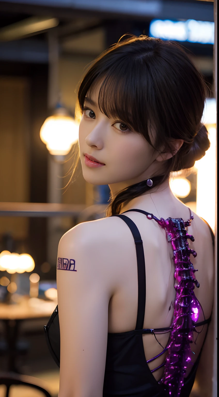 Top Quality, Masterpiece, Ultra High Resolution, (Photorealistic: 1.4), Raw Photo, 1 Girl, Black Hair, Glossy Skin, 1 Mechanical Girl, (Ultra Realistic Detail)), Portrait, Global Illumination, Shadows, Octane Rendering, 8K, Ultra Sharp, Big, Cleavage Exposed Raw Skin, Metal, Intricate Ornament Details, Japan Details, Very intricate details, realistic light, CGSoation trend, purple eyes, glowing eyes, facing the camera, neon details, mechanical limbs, blood vessels connected to the tube, mechanical vertebrae attached to the back, mechanical cervical attachment to the neck, sitting, wires and cables connecting to the head, gundam, small LED lamps,
