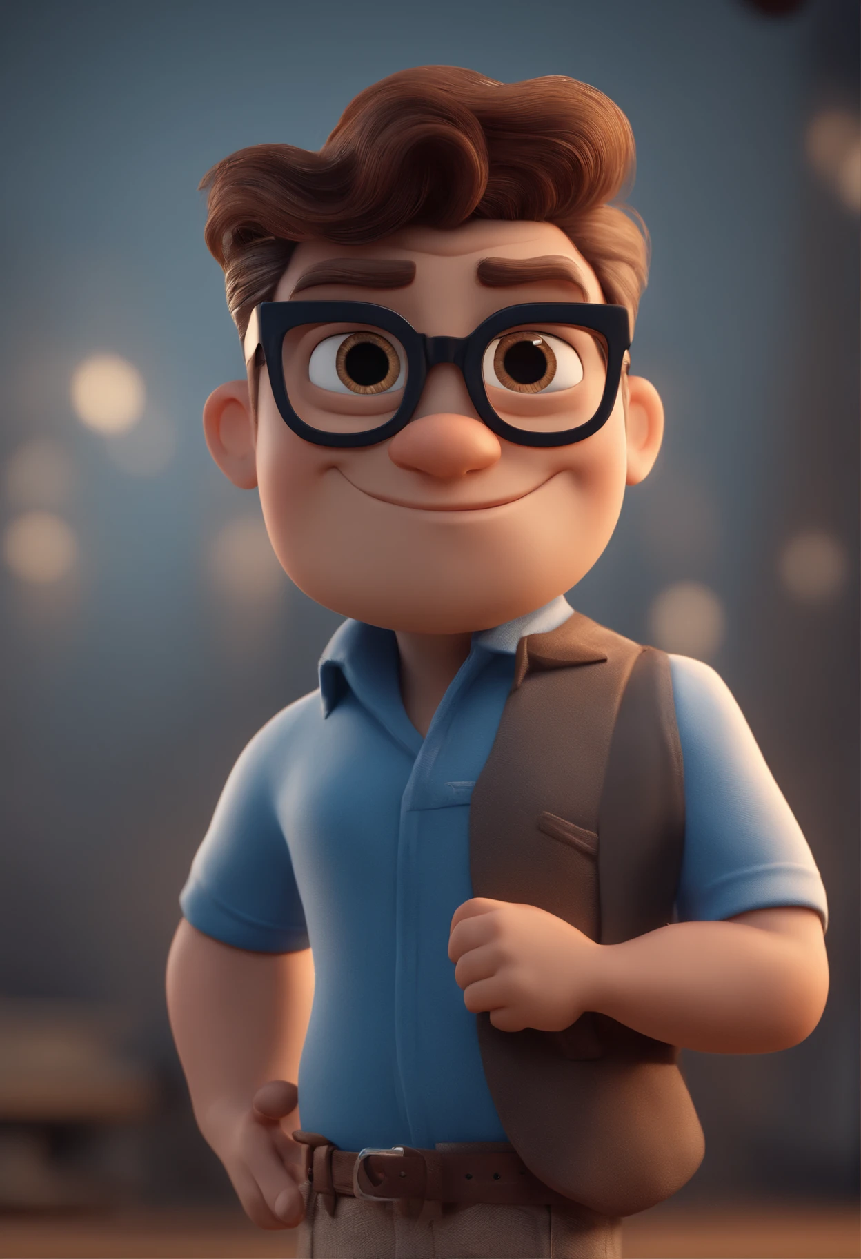 Cartoon character of a man with black glasses and a blue shirt, animation character, Caractere estilizado, animation style rendering, 3D estilizado, Arnold Maya render, 3 d render stylized, toon render keyshot, Personagem 3D, Personagem 3D, 3d rendering stylized, 3 d character render, personagem de desenho animado, Personagem de close up, Pose de personagem,  (Estilo Pixar) (master part:1.2) (Bokeh) (best quality) (pele detalhada) (textura detalhada) (8k) (argila) (Cinematic lighting) (foco nítido