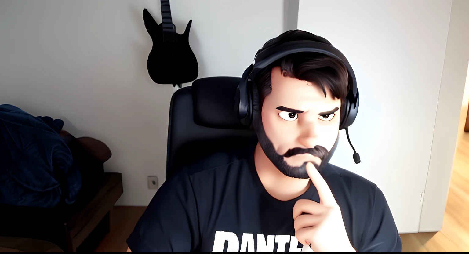 Um homem sentado numa cadeira gamer pensando, Detail the man as a Disney character and add wings behind him